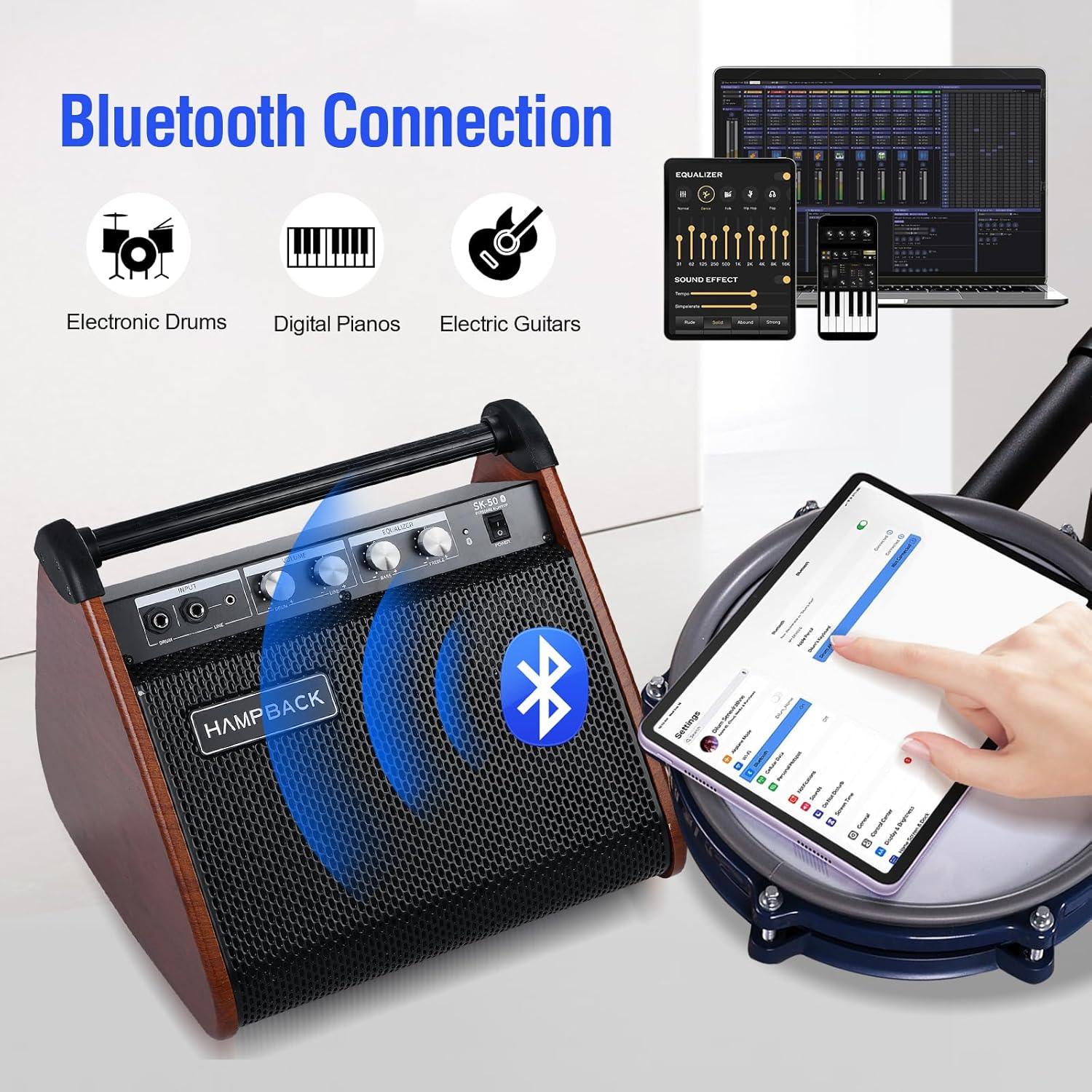 50W Bluetooth Studio Speaker - Pro Audio with Adjustable Reverb & Deep Bass for E-Drums/E-Guitar/E-Piano/Home Stage