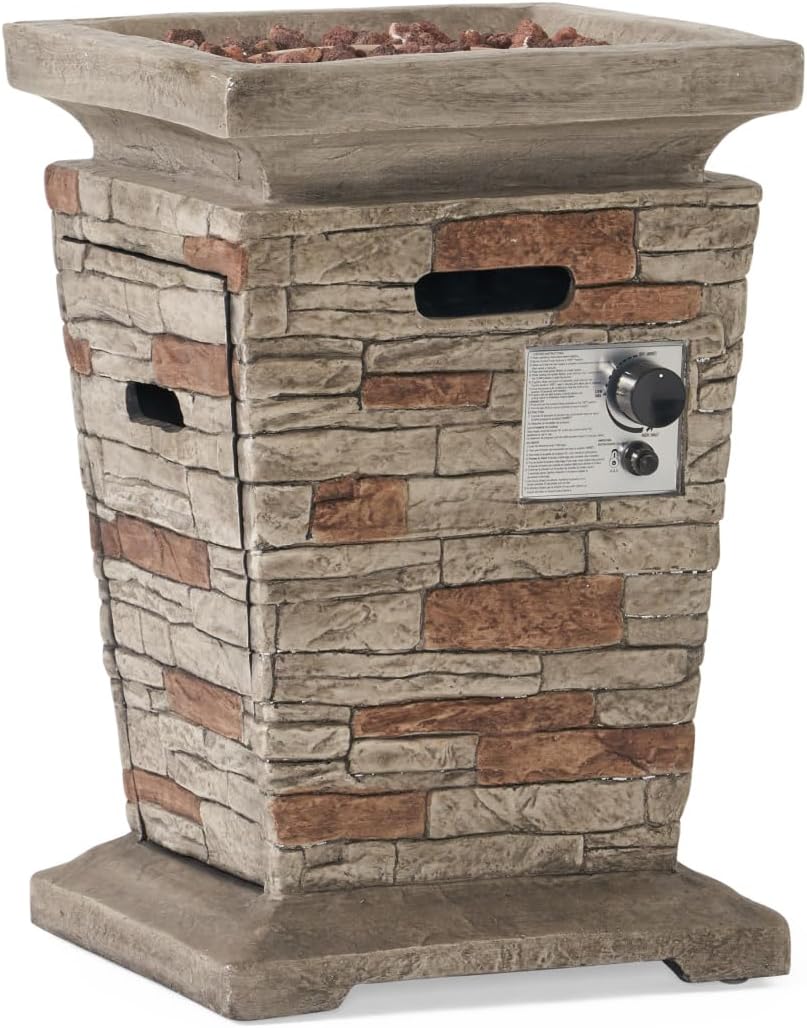 19.5-inch Natural Stone Finish Fire Column, 40,000 BTU Outdoor MGO Propane Fire Pit with Built-in Tank Space & Lava Rocks for Patio and Backyard