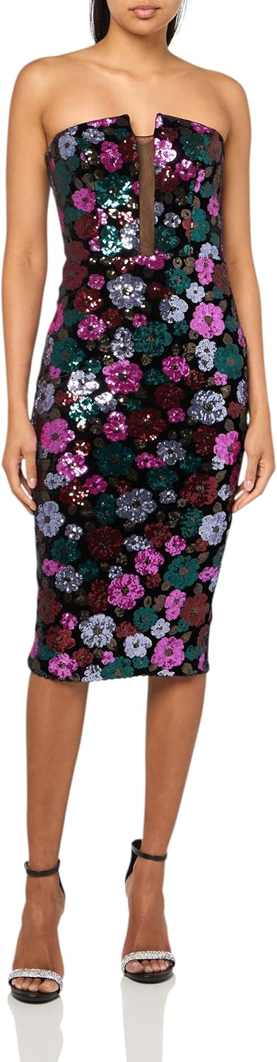 Dress the Population Women's Erica Scattered Floral Sequin On Velvet, Midi, Bodycon, V-Neck Dress, Black Multi, Small