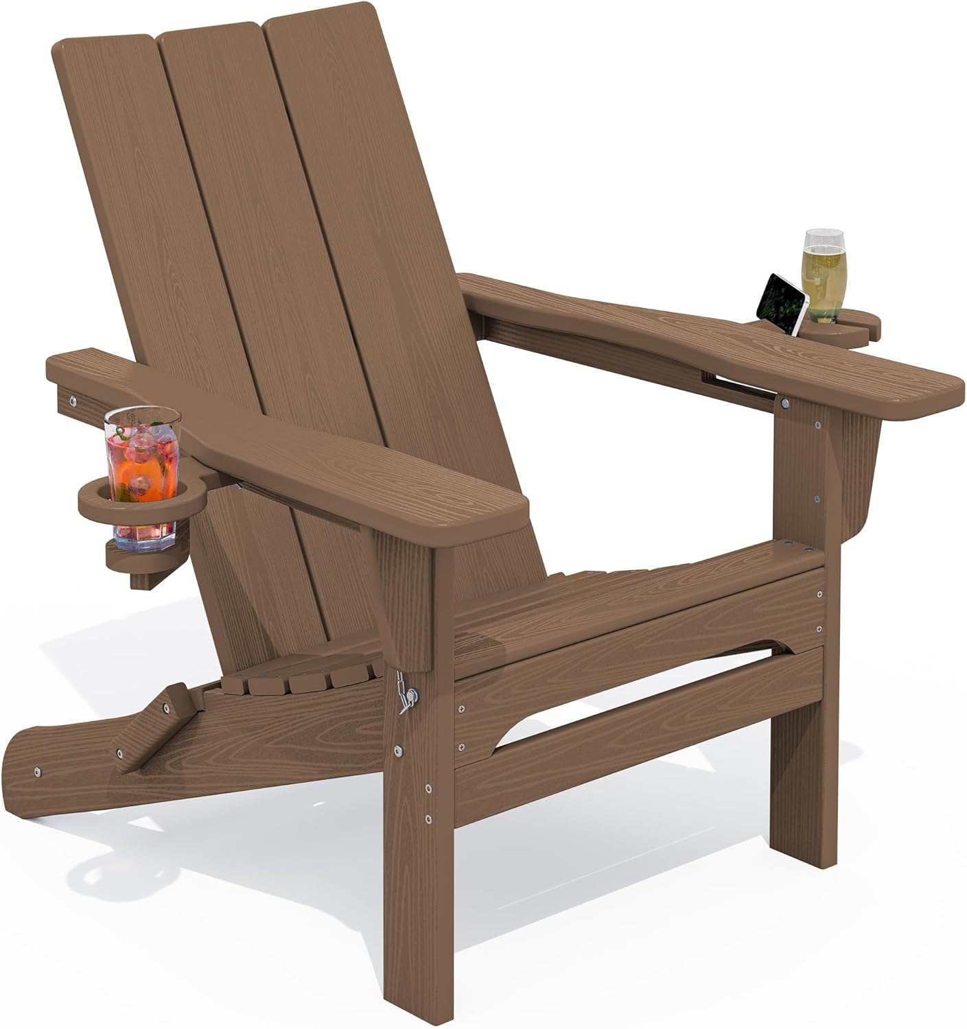 SERWALL Modern Adirondack Chair, Folding Adirondack Chair with Cup Holders, Outdoor HDPE Fire Pit Chair for All Weather Use, Brown