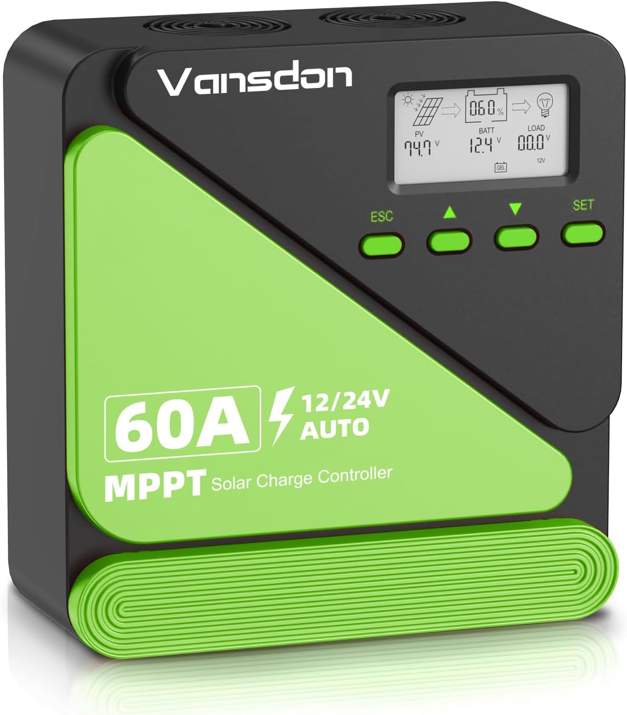 60A Solar Charge Controller 12V/24V MPPT Solar Charge Controller, Adjustable LCD with Timer, Dual USB Ports, for RV, Boat, Cabin, Off-Grid Systems, Compatible with FLD/LiFePO4/SLD/GEL/AGM