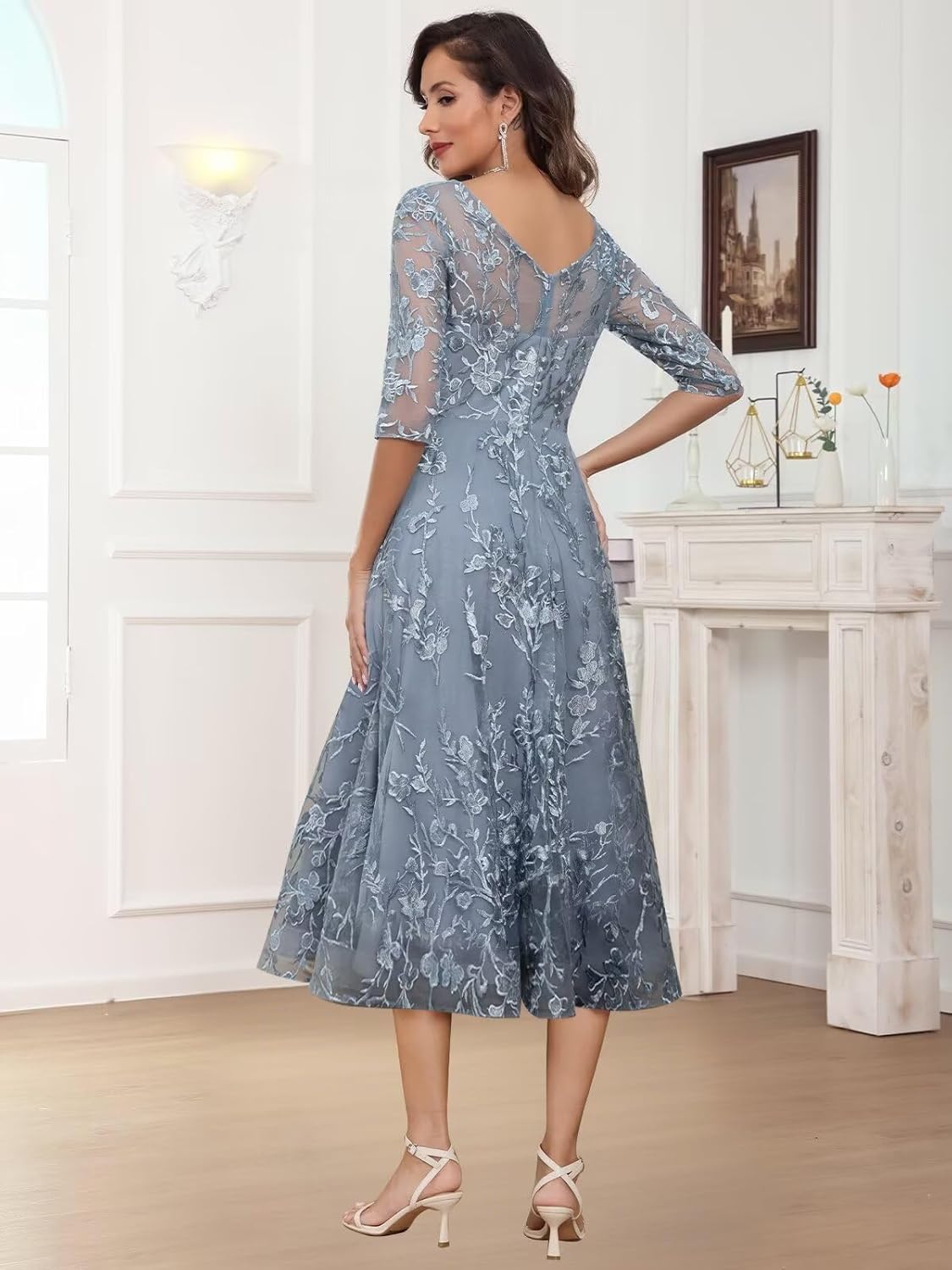 Lace Applique Mother of The Bride Dresses A Line 3/4 Sleeve Evening Formal Cocktail Dresses for Women