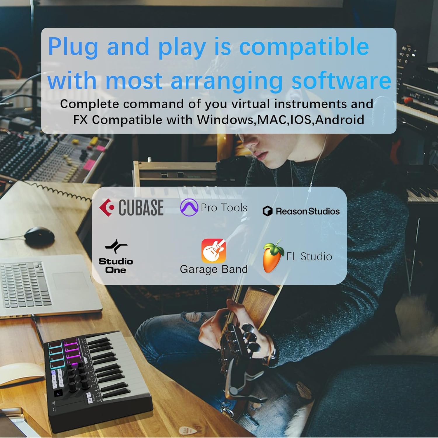 HOEREV MIDI Keyboard Controller With 8 Backlit Drum Pads, Wireless Semi Weighted Professional dynamic Keybed 8 Knobs 25 Keys USB With Lithium Battery,Black