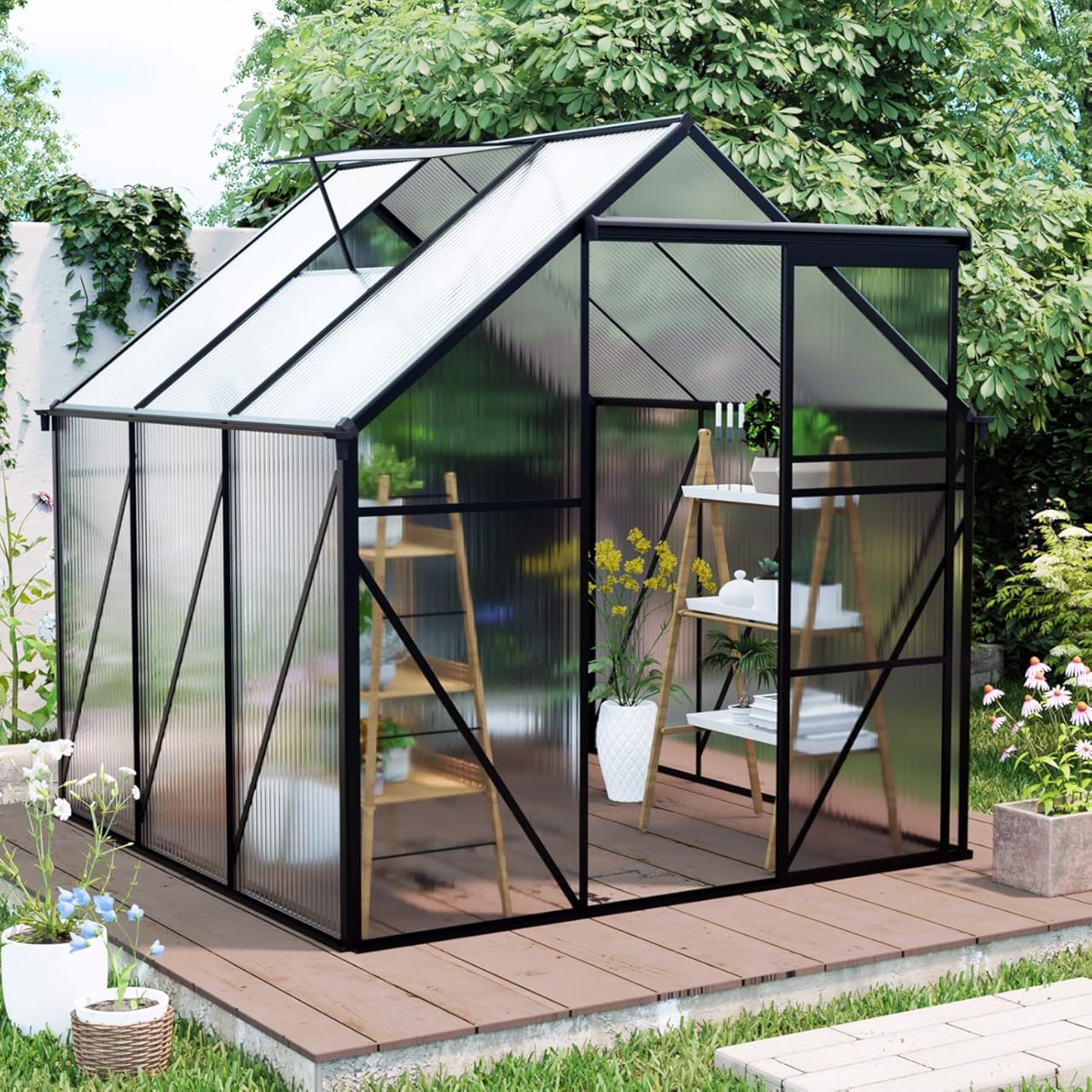 Heavy Duty Walk-in Greenhouse Outdoor Storage Shed with Waterproof Metal Frame, Garden Tool Bike Shed Kit, Lean-to Backyard Storage Building Cabinet for All Season,Black 6 * 6FT