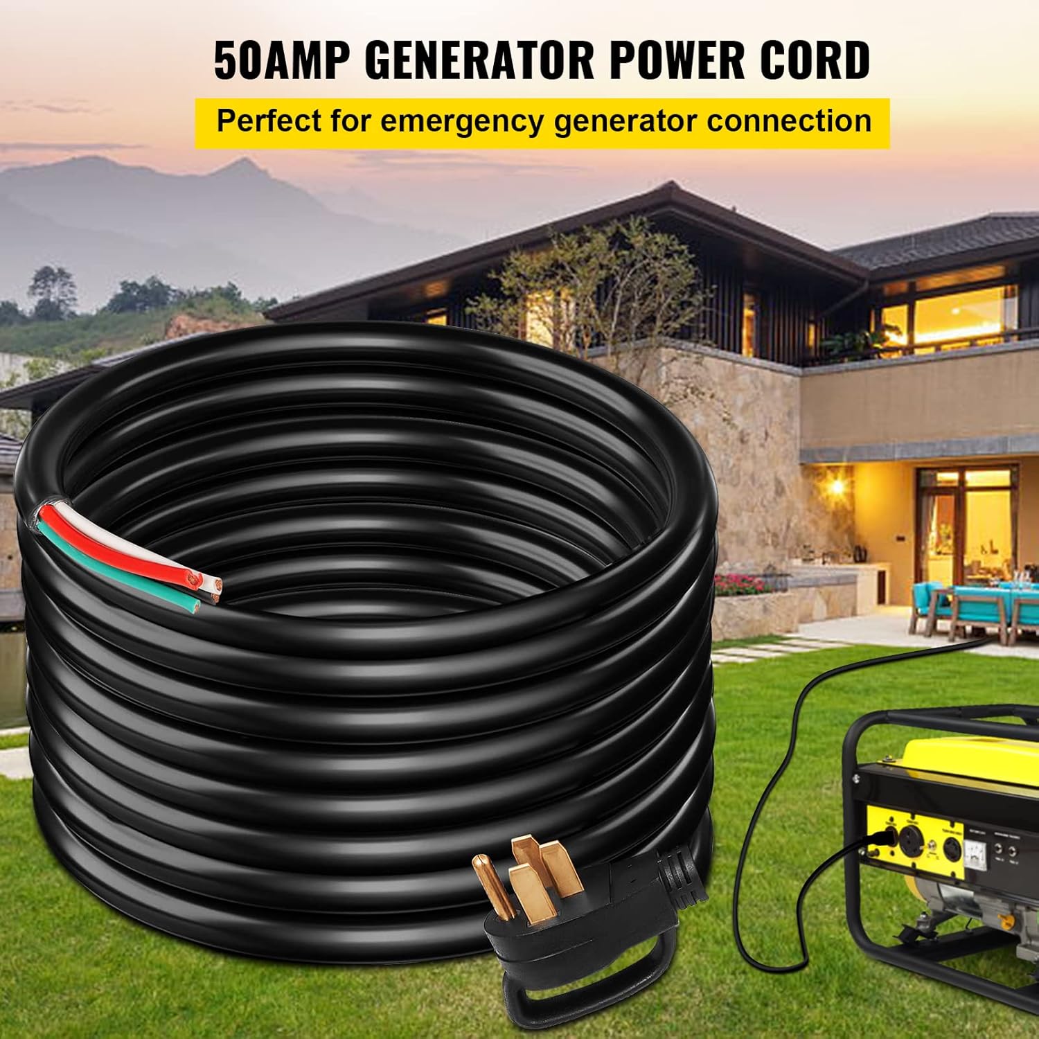 VEVOR 40 FT 50 Amp Generator Extension Cord 6 Gauge STW 6/3+8/1 RV Power Cord N14-50P to Bare Wire, Cut Wire for Trailer Motor Campers Home Generator