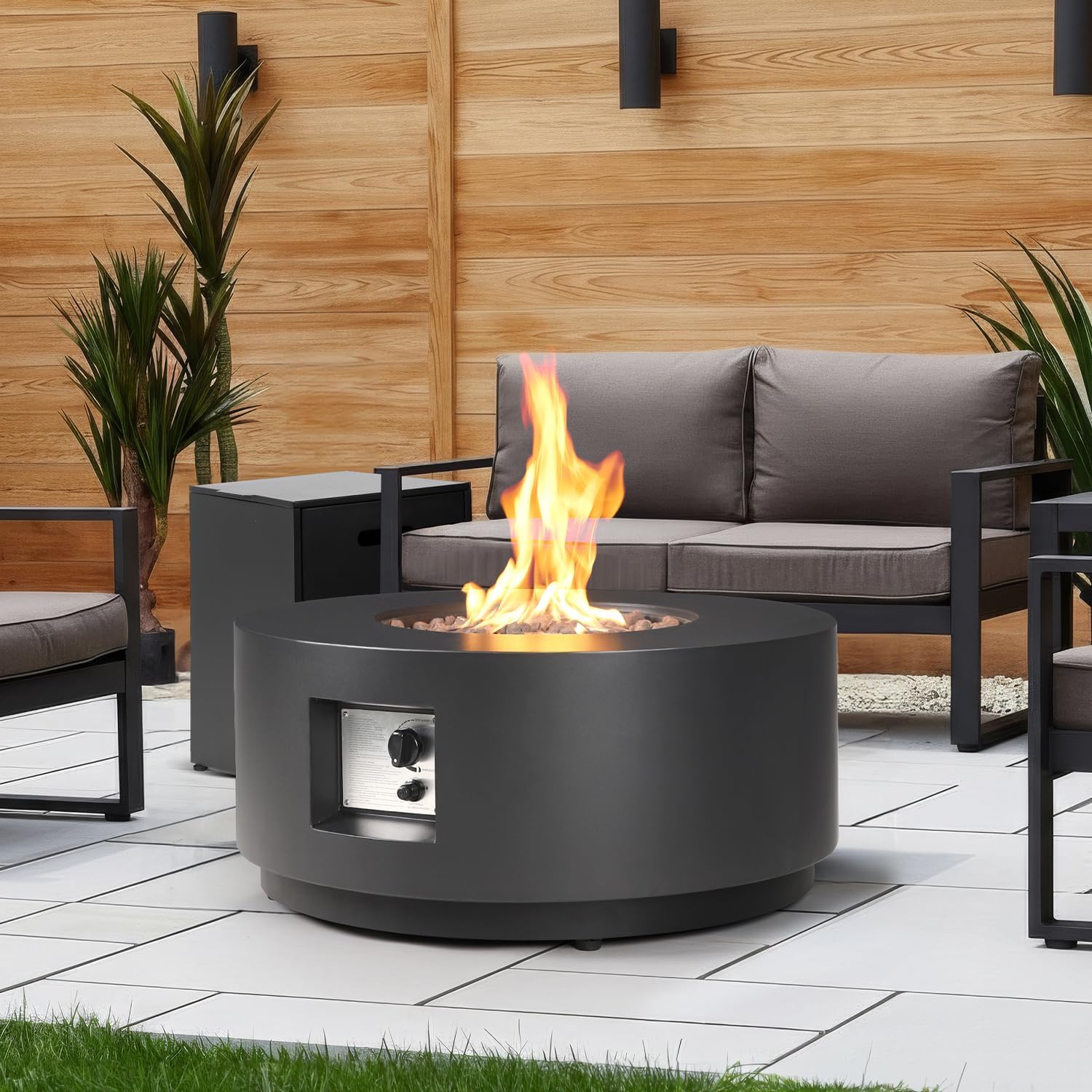 30-inch Outdoor Propane Fire Pit Table Round - Modern Gas Fire Pits Patio Heavy-Duty Firepit 50,000 BTU Fire Table with Tank Cover for Deck, Backyard and Pool, Black