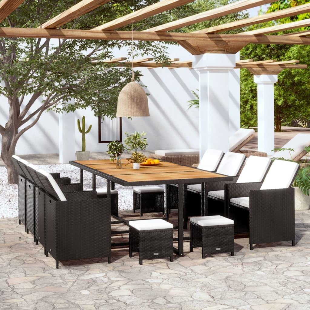 13 Piece Patio Dining Set Poly Rattan and Acacia Wood Black,Modern Rattan Patio Furniture Set with Comfortable Cushions and Durable Construction for Outdoor Dining and Relaxation Furniture Sets for Pa