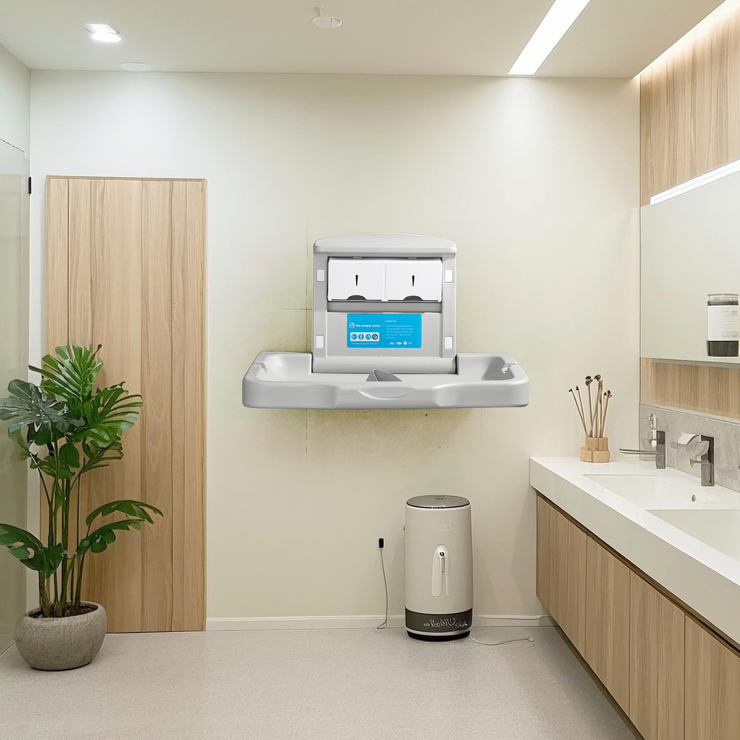 Fold-Down Baby Changing Diaper Station - Horizontal Wall Mounted, Sturdy & Durable with Safety Straps for Commercial Bathrooms, Granite