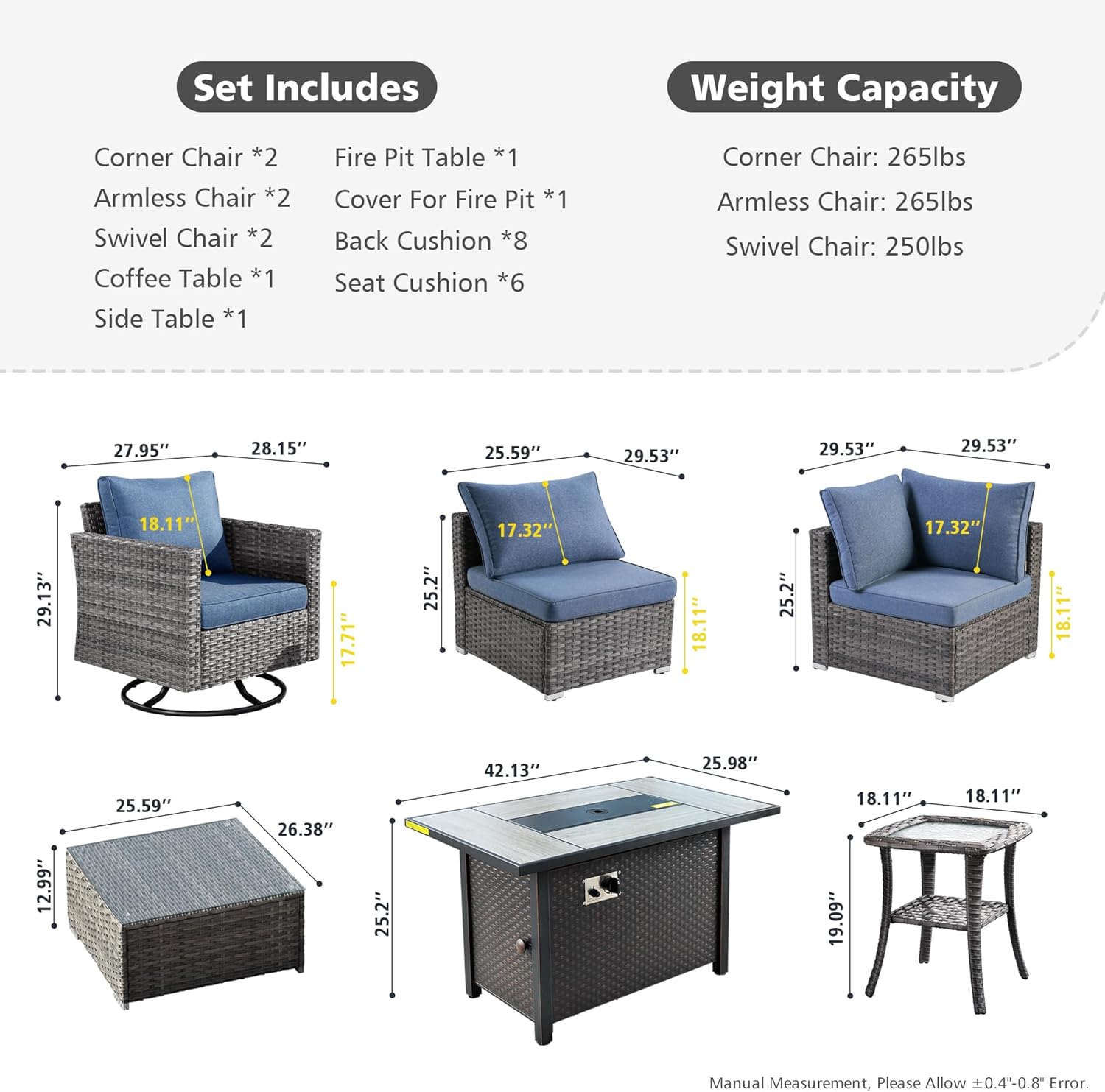 Weaxty 8 Pieces Outdoor Patio Furniture Set,Wicker Outdoor Sectional Furniture with 42-inch Fire Pit Table,Rocking Swivel Chairs,Coffee Table for Garden, Patio (Denim Blue)