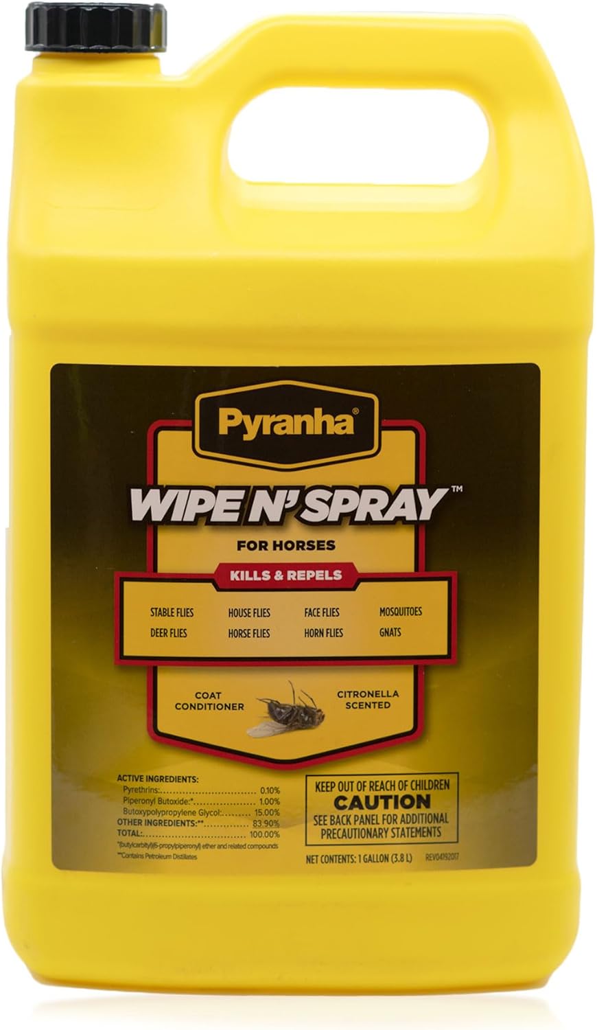 PYRANHA Wipe N' Spray for Horses - Oil-Based Long Lasting Fly Control Repels Horn, Deer, Horse, House, Stable, & Face Flies, Ticks, Mites, Mosquitoes, Gnats & Lice, 1 Gallon