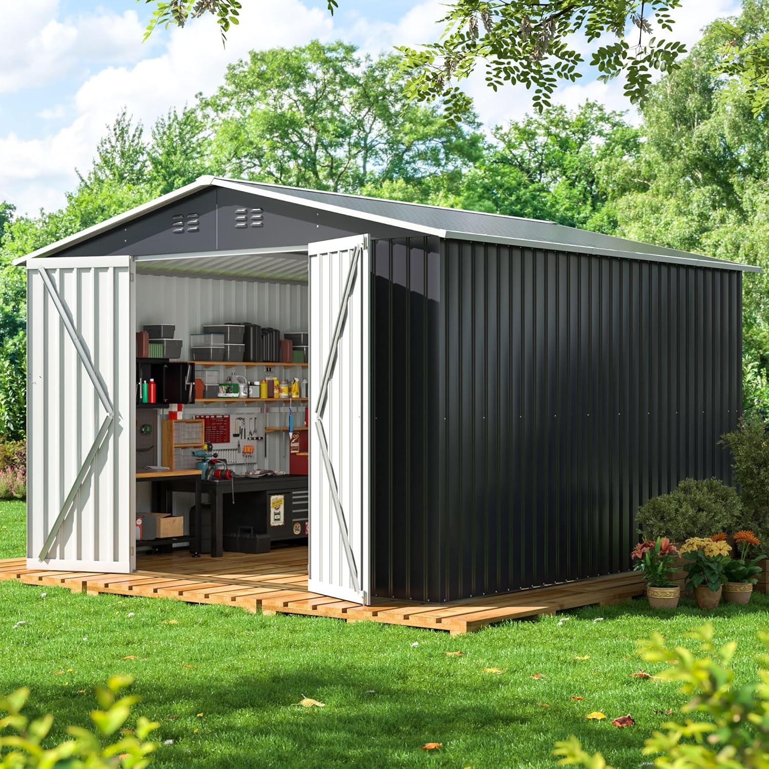 10x10 FT Outdoor Storage Shed, Metal Garden Tool Shed with Updated Frame Structure and Lockable Doors, Ideal for Backyard Garden Patio Lawn, Grey