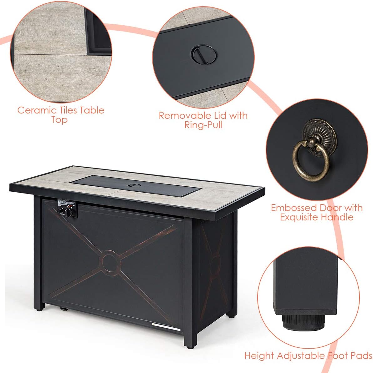 Giantex Gas Fire Pit Table w/Ceramic Tabletop, 42 Inch 60,000 BTU Rectangular Propane Fire Pit Table, Outdoor Electronic Ignition Propane Heater w/Table Cover, Waterproof Cover, Lava Rock