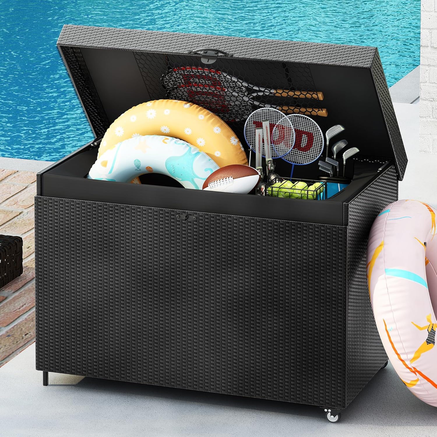 230 Gallon Wicker Deck Box with Wheels,Outdoor Rattan Storage Bin for Patio Furniture, Outdoor Cushions, Pool Storage and Garden Tools (Black#J)