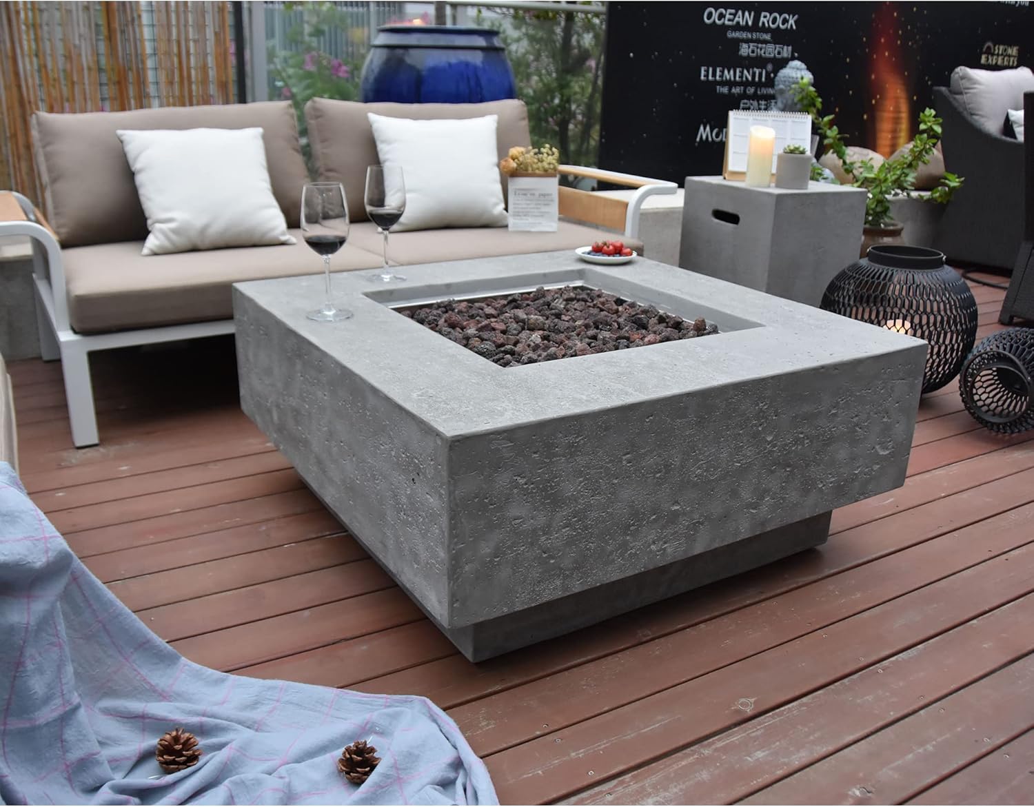 Elementi Manhattan 36' Concrete Natural Gas Outdoor Firepit Table, 22' Square Tempered Glass Wind Screen, and Stainless Steel 21' Firepit Table Cover, Natural Gas - Fire Pit/Table Cover/Wind Screen