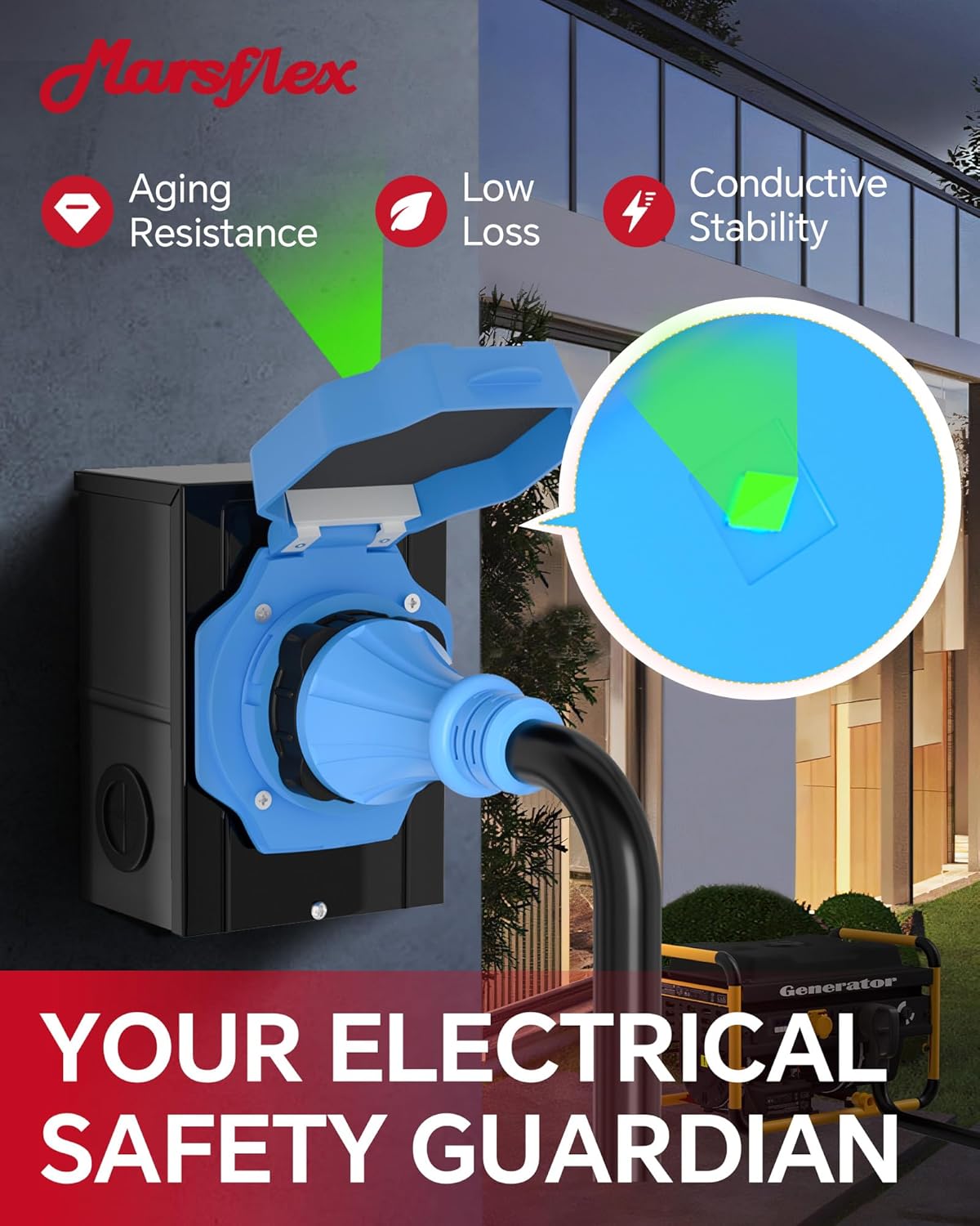 Marsflex 50 Amp Generator Cord and Power Inlet Box, 25FT 50 Amp Generator Cord, NEMA 14-50P / SS2-50R, for 125/250 Volt 12500 Watts, Weatherproof Outdoor Use with LED Power Indicator, ETL Listed