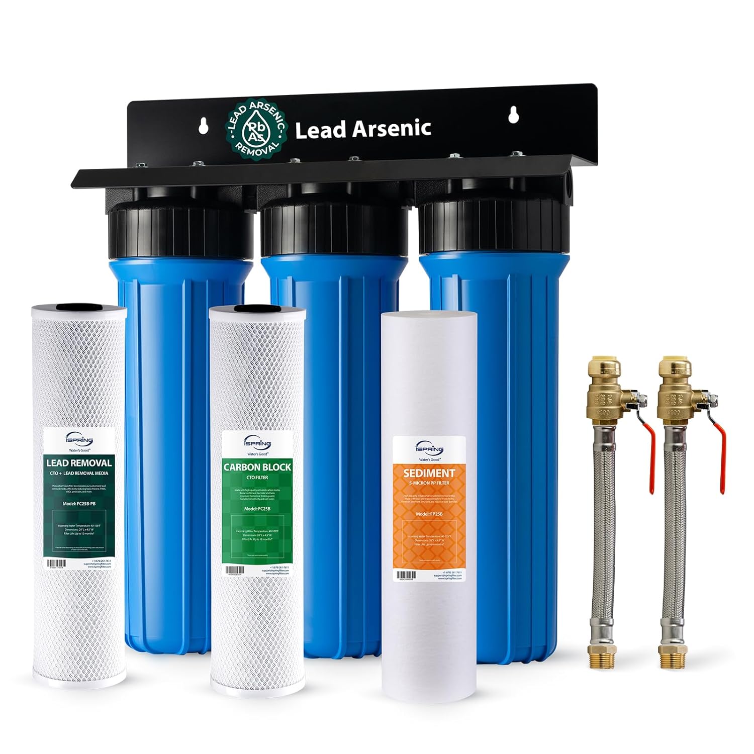 iSpring SGS-Tested Lead Removal Whole House Water Filter System w/ 3/4'' Push-Fit Stainless Steel Hoses, Reduces Arsenic, Cadmium, Mercury, Chlorine & up to 99% Lead, Model: WGB32B-CPB+AHPF12MNPT16X2