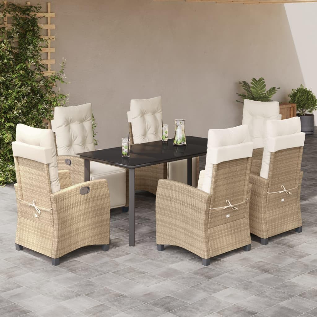 7-Piece Garden Dining Set, Rectangular Outdoor Table and Chairs, Beige Cream White Rattan Patio Furniture Set, Powder-Coated Steel Frame, Tempered Glass Top for Balcony, Terrace