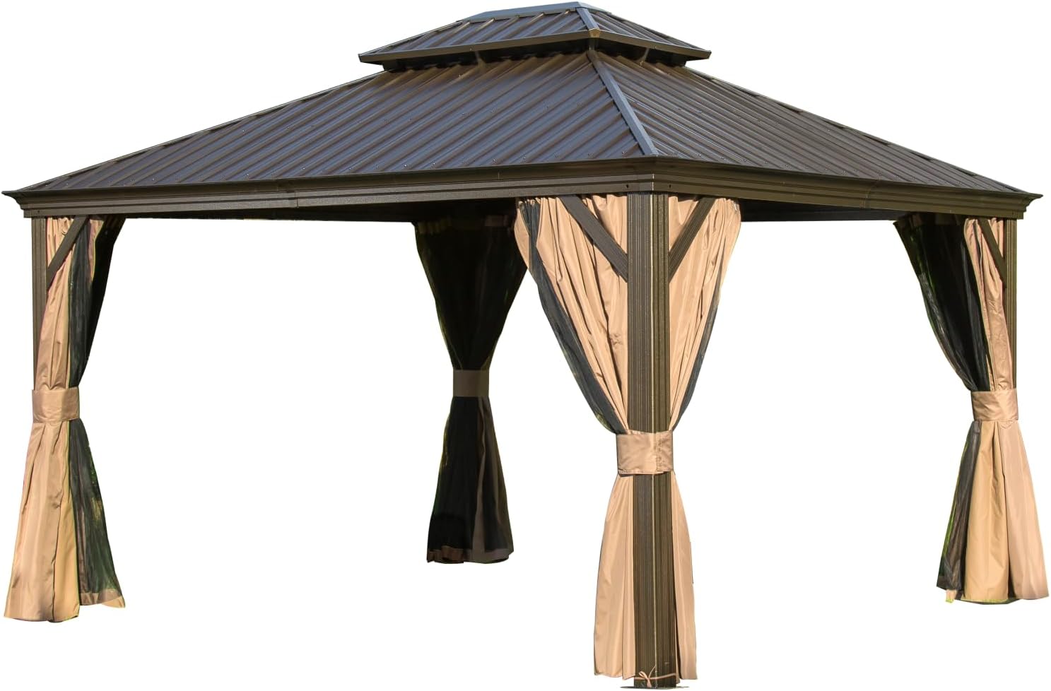 12'x14' Brown Hardtop Aluminum Canopy, Galvanized Steel Double Roof Pavilion with Curtains Netting – Outdoor Permanent Metal Patio Cover for Backyard, Lawn (1 Doors)