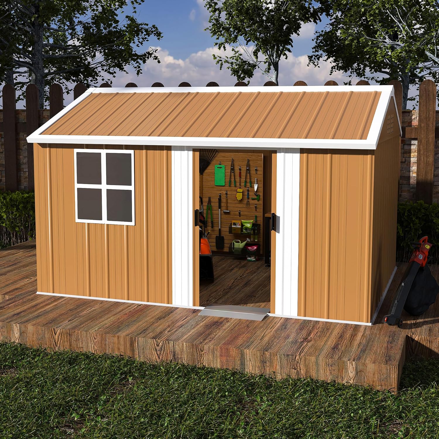 KEIKI 12FT x 8FT Heavy-Duty Metal Storage Shed, Outdoor Storage Shed with Window and Lockable Doors, Weatherproof Outdoor Garden Shed for Garden, Backyard, Patio, Lawn (Floor Not Included)