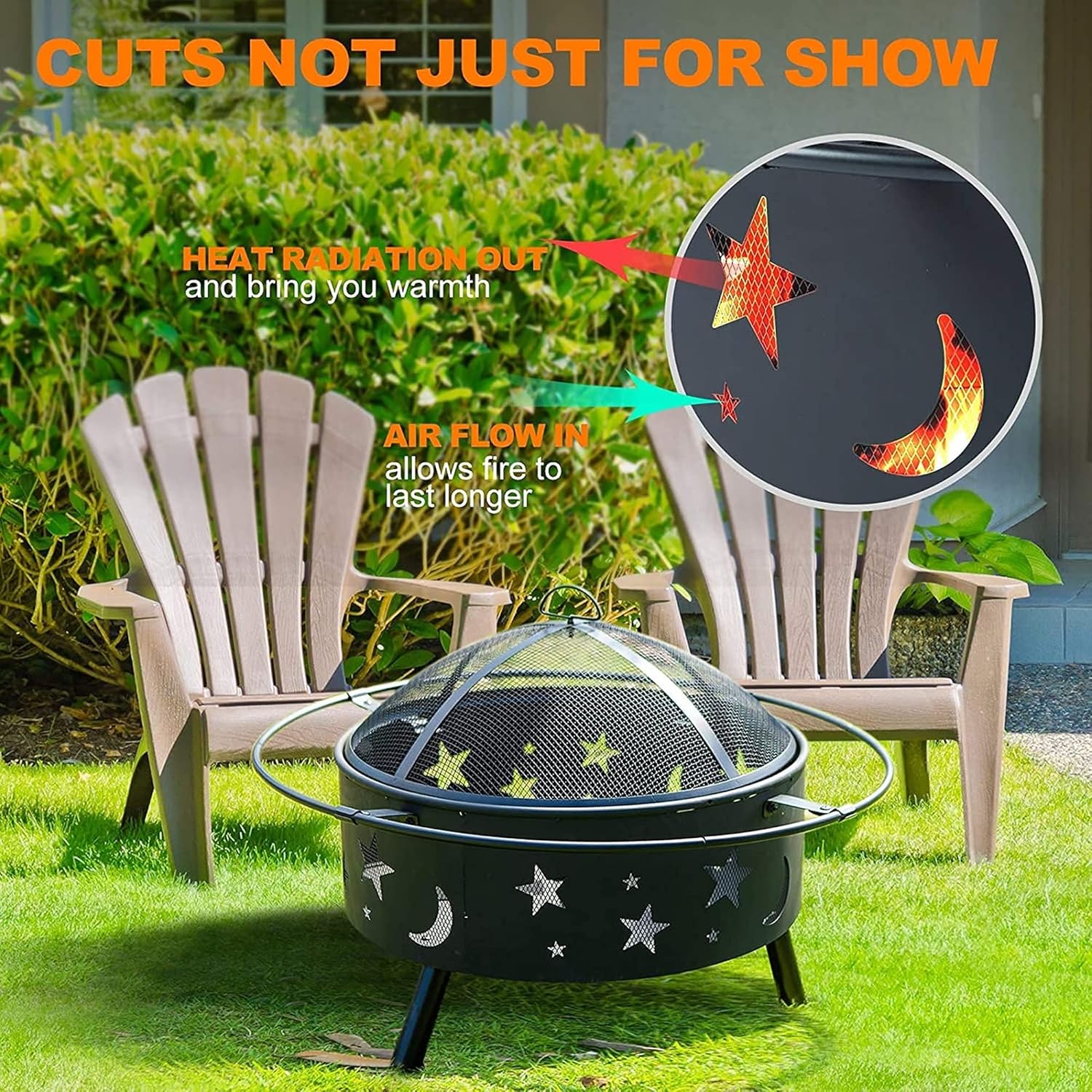 Round Outdoor Fire Pit, Large Wood Burning Fire Pit w/Spark Screen, Wrought Iron Bonfire Fire Pit for Party, BBQ, Heating, Patio, Garden