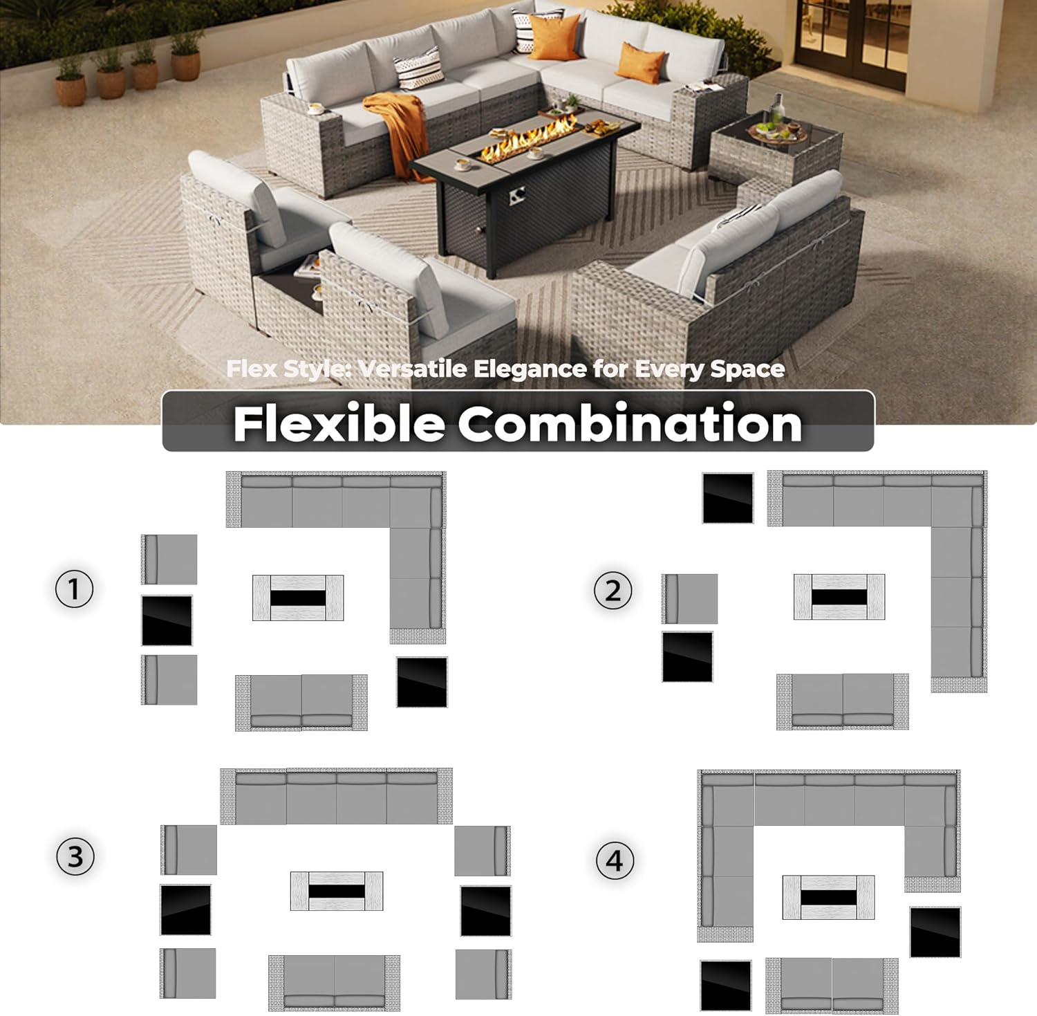 ovios 13 Pieces Patio Furniture Set, Outdoor Wicker Sectional Sofa with 54 Inch Fire Pit Table Comfy Cushions, Modern Modular Deep Seat Rattan Couch Conversation Set, Beige