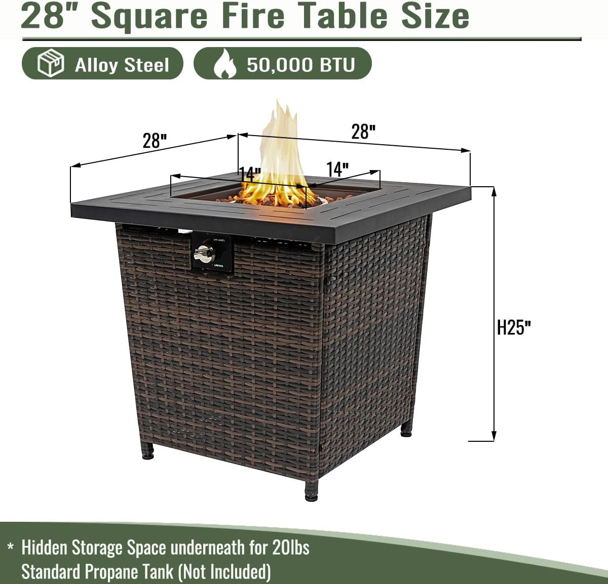 Outdoor Propane Gas Fire Pit Table, 50,000 BTU, 28-inch Square, Black Steel Top with Brown Wicker Base