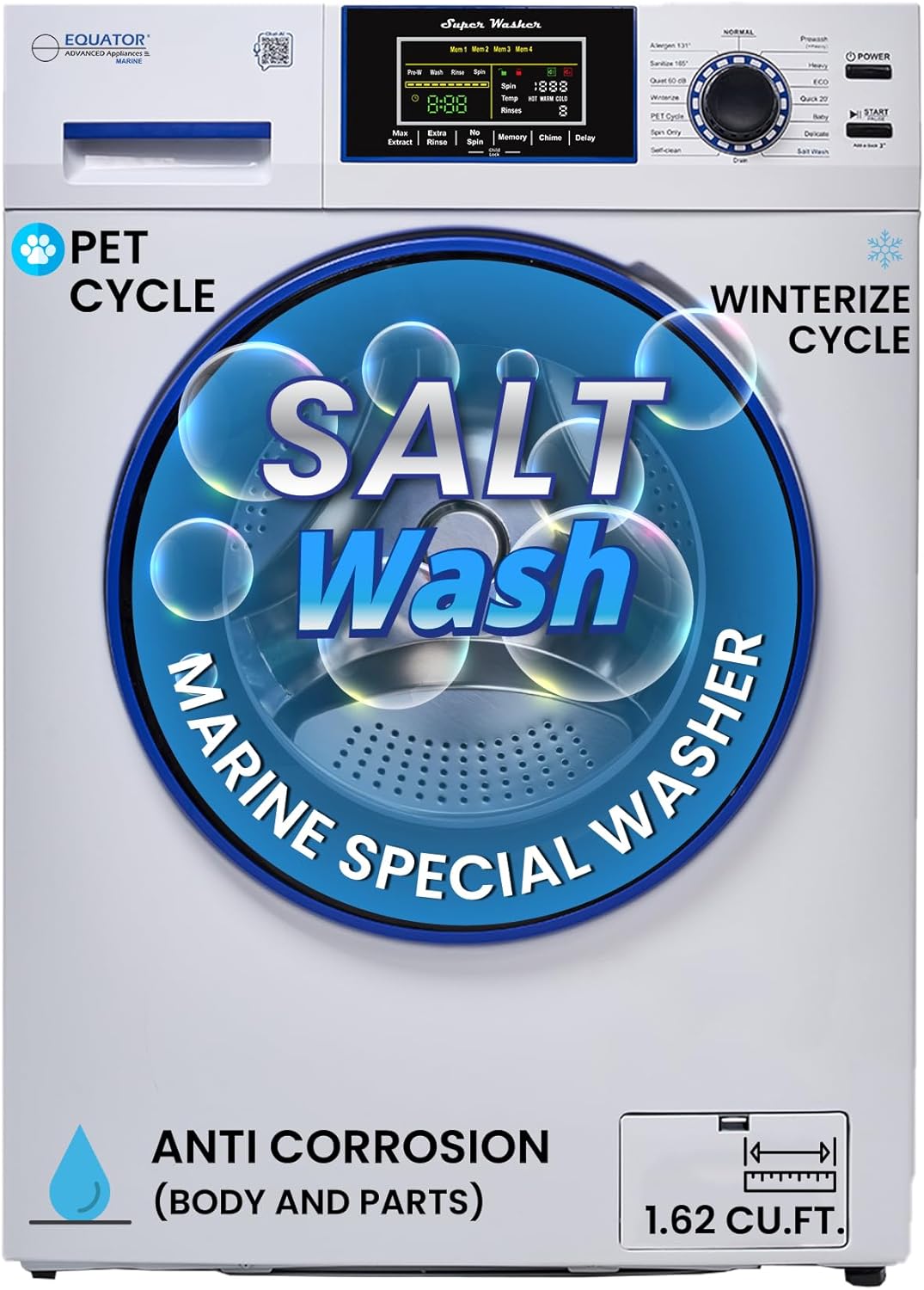 Equator EW 828 1.62 cu.ft. Marine Washer – Rust-Proof Compact Washing Machine for Boats & Yachts | Salt Wash Cycle, 1400 RPM Spin, Hygienic Drum, Energy Efficient, Compact Design