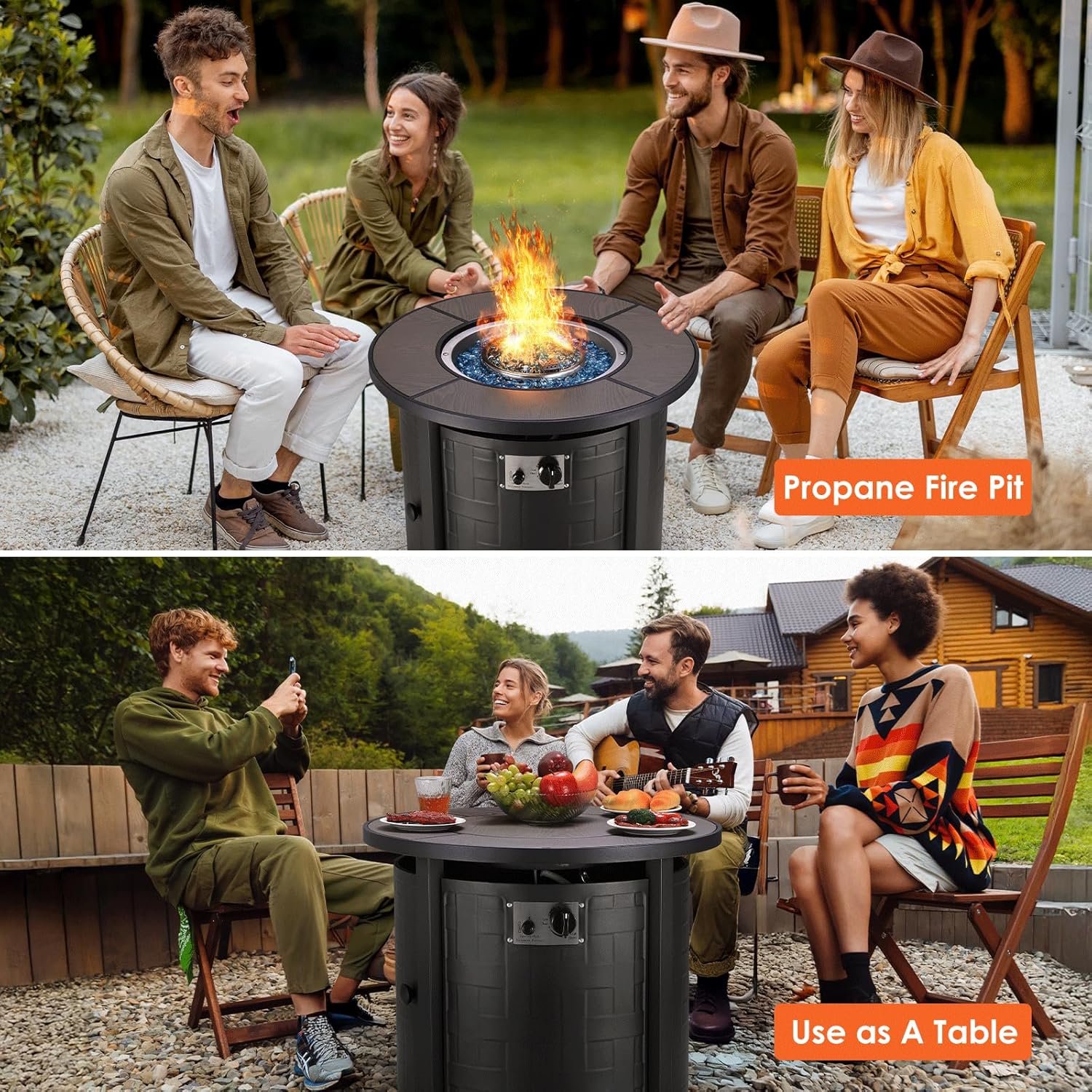 TLGREEN Propane Fire Pit Table 30in, 50,000 BTU Auto-Ignition Round Gas Fire Pit, Patio Furniture Outdoor and Indoor, Fire Table with Waterproof Cover, Blue Stone and Lid