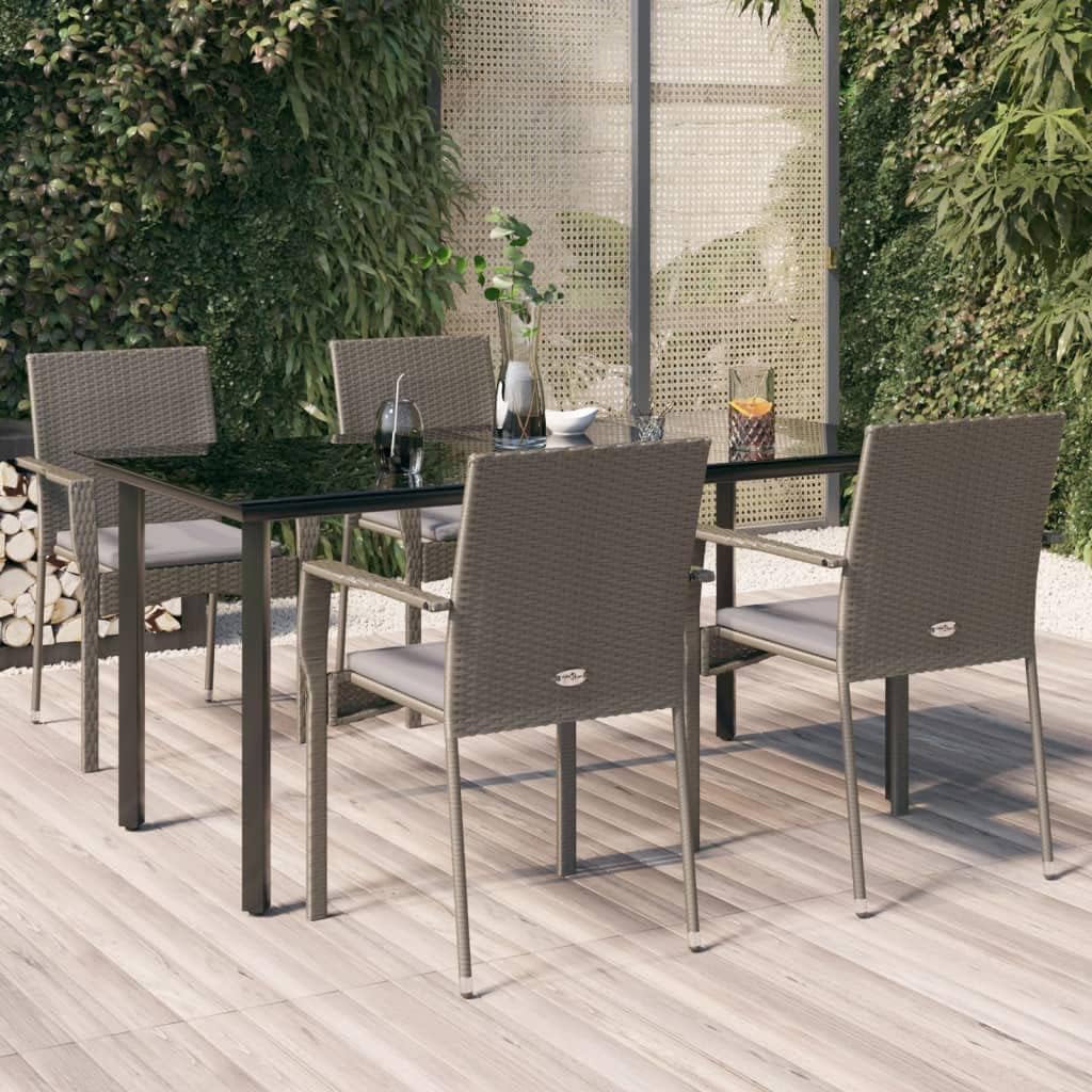 5 Piece Garden Dining Set, Black & Grey PE Rattan, Steel Frame, Tempered Glass Top, 63 inch Outdoor Table and Chairs for Patio, Balcony, Terrace