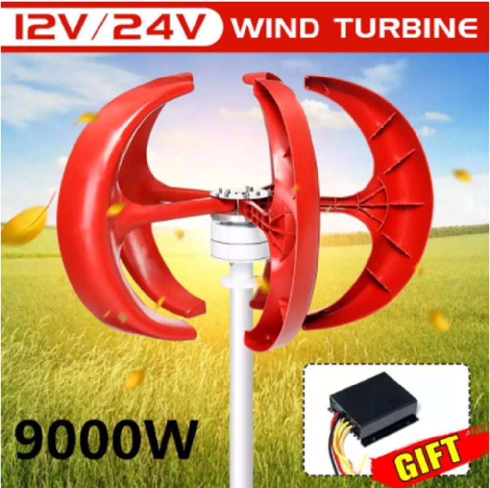 Red 9000W 5 Blades Vertical Axi Wind Turbines Generator Lantern 12V 24V Motor Kit Electromagnetic for Home Streetlight Use,12v