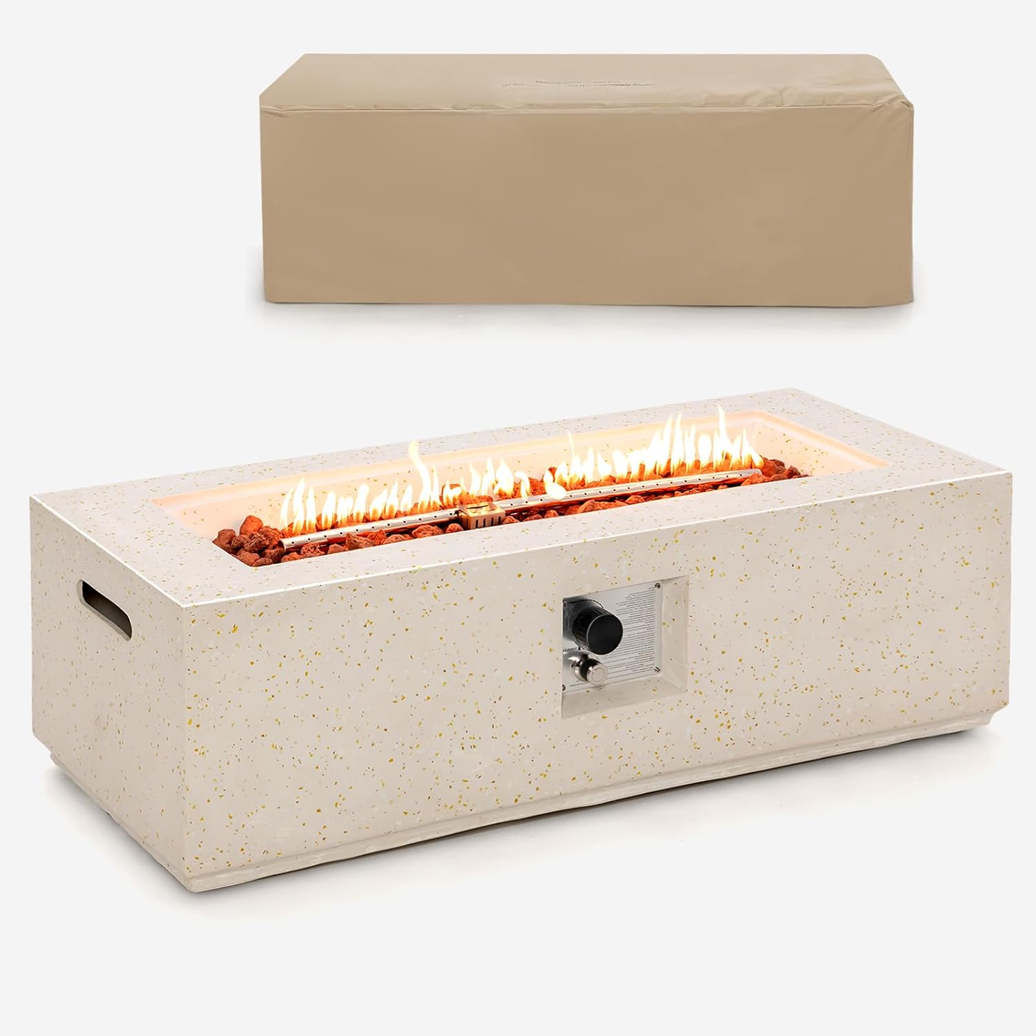 S AFSTAR Propane Fire Pit Table, 42 Inch 50,000 BTU Gas Fire Pit Table W/Stainless Steel Burner, & Volcanic Rocks, PVC Protective Cover, Outdoor Rectangular Terrazzo Fire Tables for Patio Pool Balcony