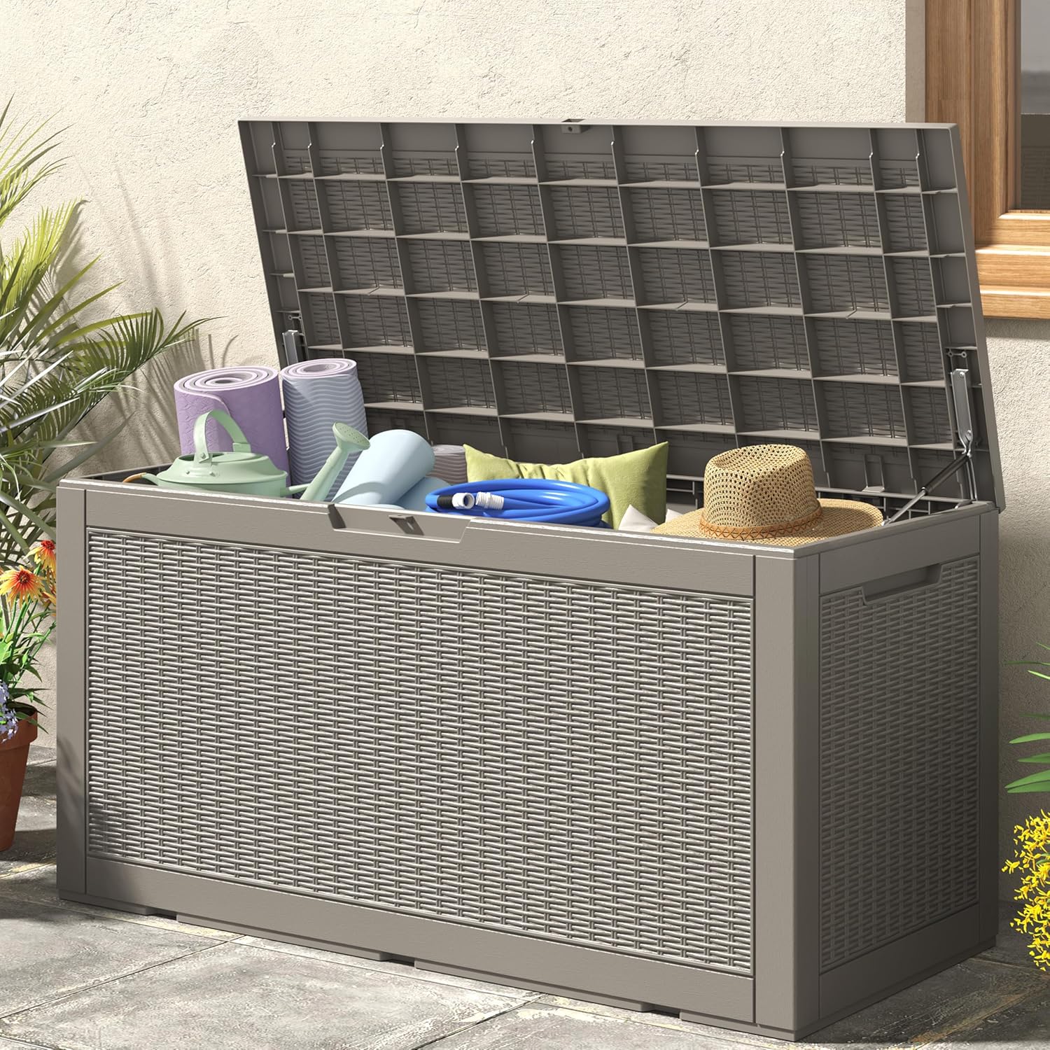 NUNU LAB 101 Gallon Large Waterproof Resin Deck Box, Lockable Outdoor Storage Box with Gas Lift, Patio Cushions, Garden Tools, Pool Supplies, Indoor Outdoor Storage Container, Grey