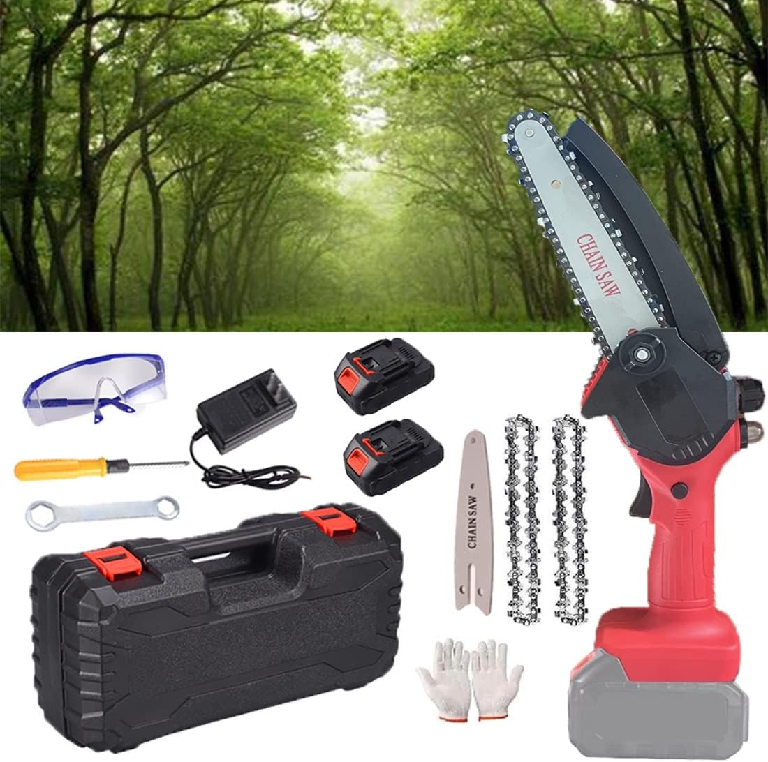 Mini Chainsaw,6 Inch Cordless Battery Powered Chain Saw, Electric Chainsaw,Handheld Mini Chainsaw for Cutting Pruning and Gardening and one-Hand Chainsaw (Color : Red)
