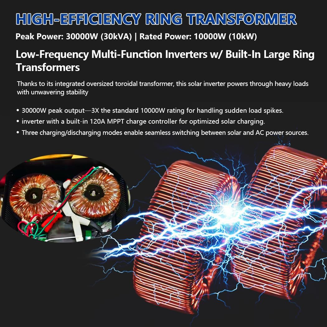 Y&H 5000W Solar Inverter DC 48V to AC 110V/220V Low-Frequency Hybrid Inverter, with 120A MPPT Controllers,Pure Sine Wave 15000W Surge Power, Solar & AC Dual Input, Off-Grid Home System