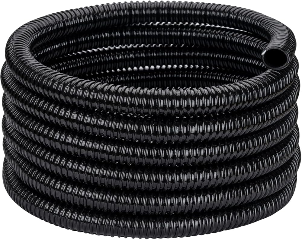 Pond Tubing ID 1 1/2” × 50ft Black Corrugated Flexible Reinforced Waterfall Pond Tube Sump Pump Hose, Non-toxic & Kinkproof (50 ft, 1 1/2
