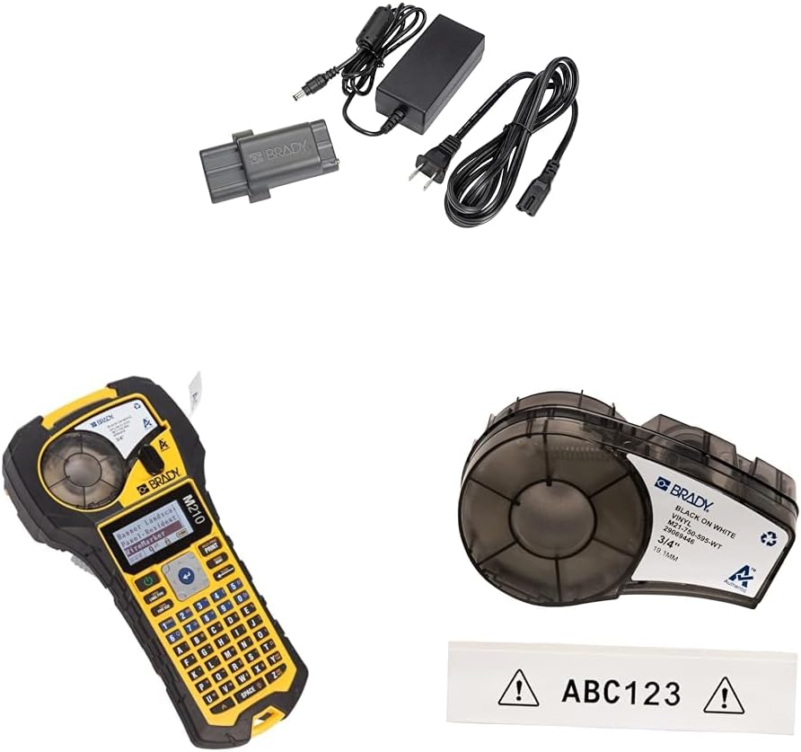 Brady M210 Printer Accessory Power Kit Li-Ion Battery Pack & M210 Portable Label Printer with Rubber Bumpers & Authentic (M21-750-595-WT) All-Weather Vinyl Label