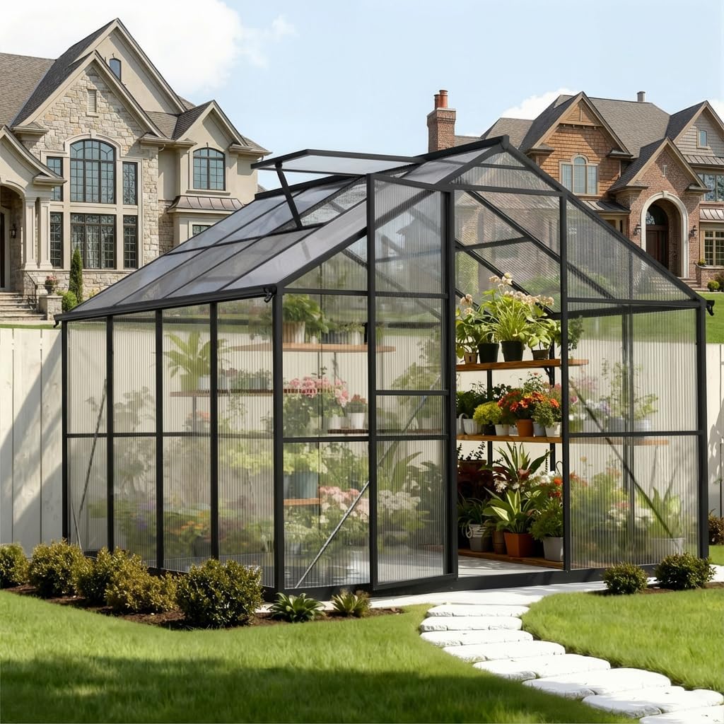 Sturdy 8x8 FT Outdoor Greenhouse Kit, Walk-in Aluminum Greenhouse with Sliding Door & Screened Vent Window for Ventilation, for Backyard, Garden, Vegetables & Flowers, Black