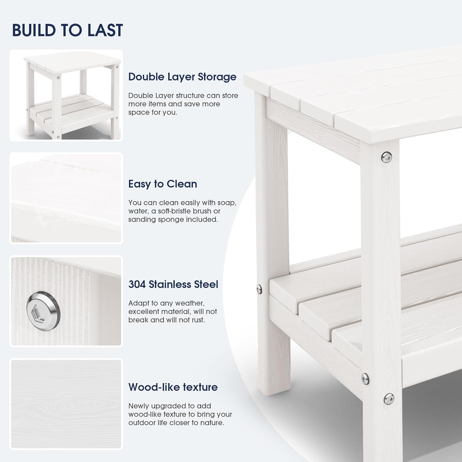 KINGYES Outdoor Side Table Set of 2, Double Layer Adirondack End Table- White