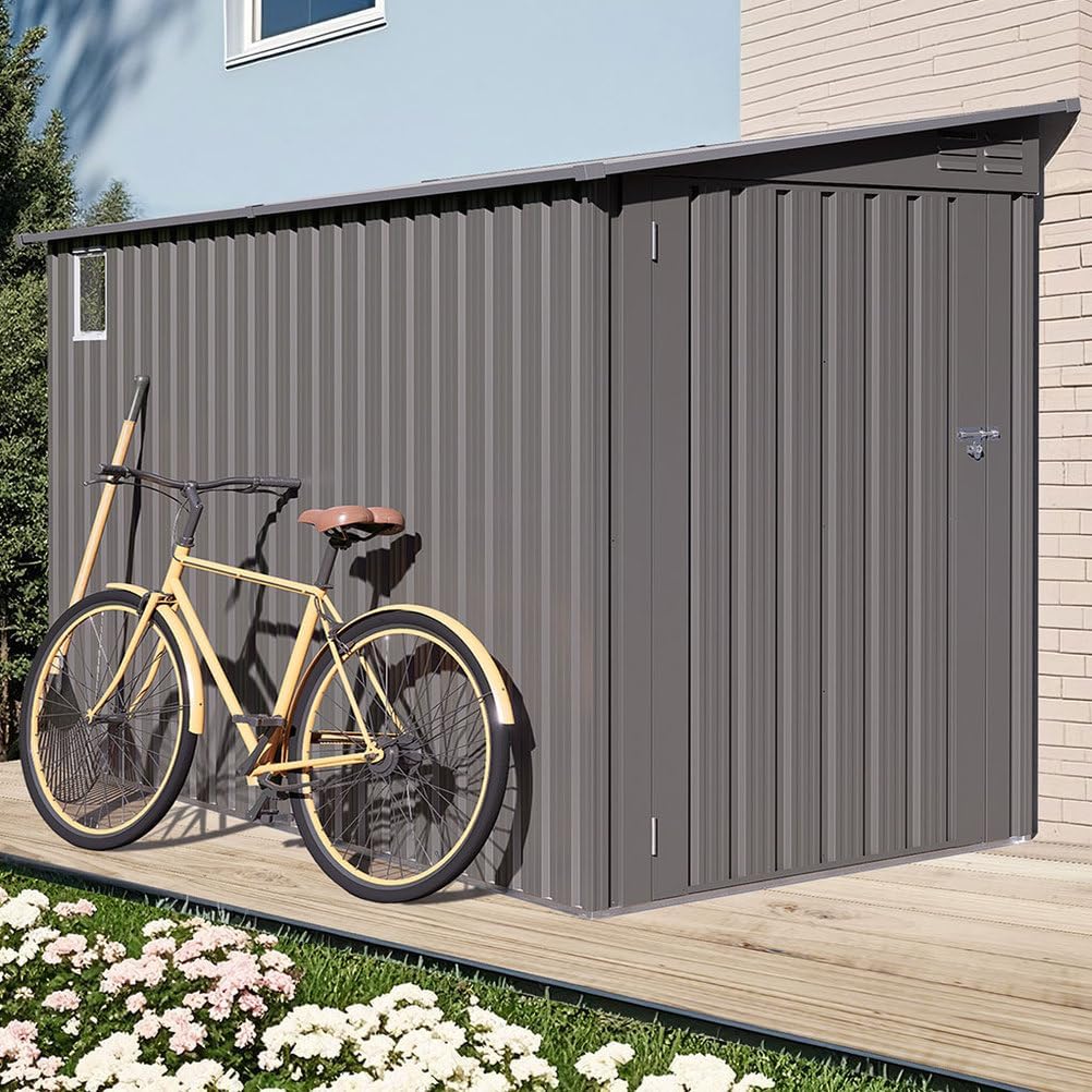 Outdoor Lean-to Storage Shed 4x9 FT, Galvanized Steel Metal Garden Shed with Sloped Roof, Lockable Double Doors and 2 Air Vents, Waterproof Backyard Tool Storage for Patio Lawn Garden