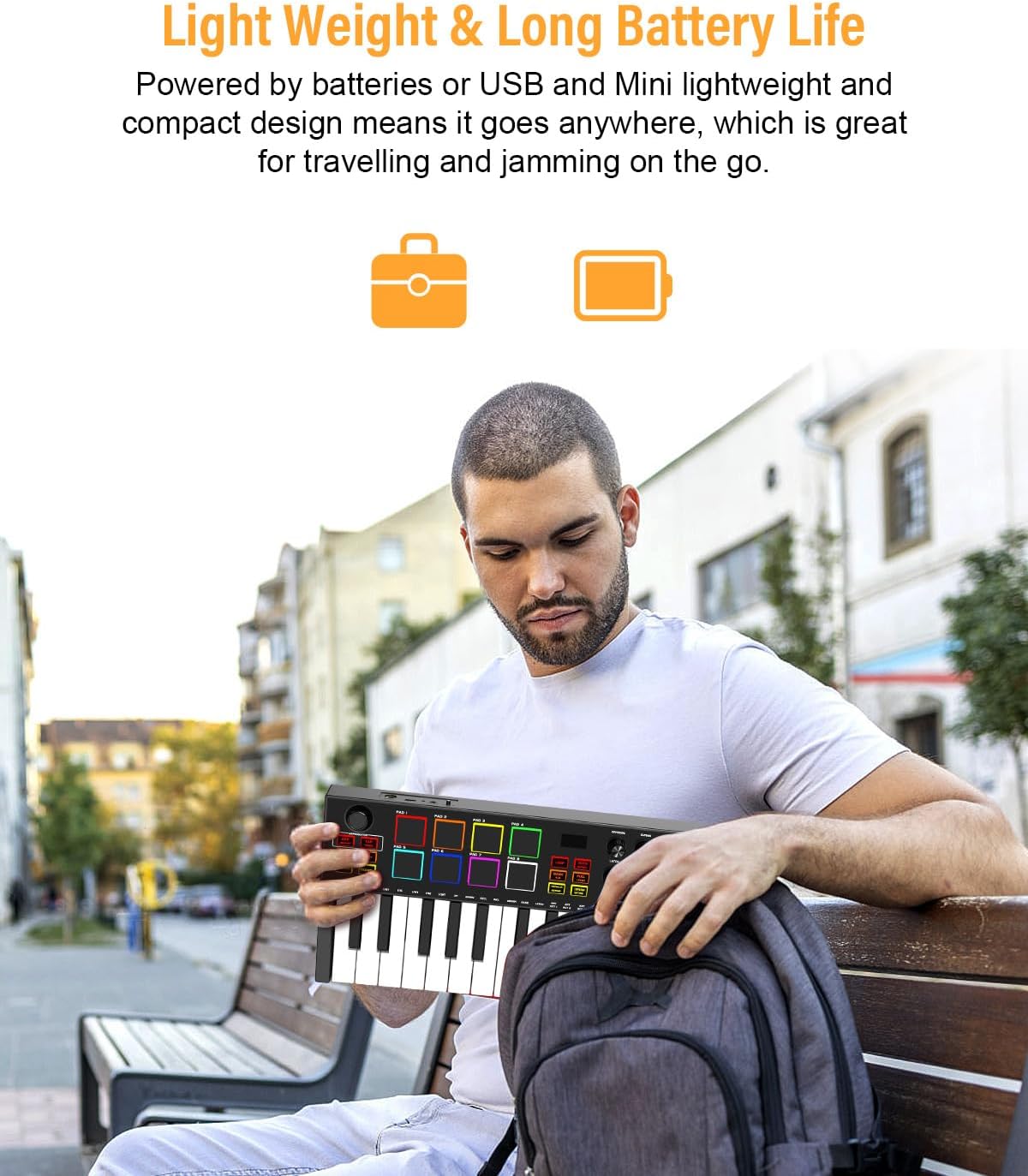 MIDI Keyboard Controller, 25 Key Rechargeable MIDI Keyboard with 8 Backlit Drum Pads, 8 Knobs, OLED Display, DAW Integration, MIDI Controller for Music Production