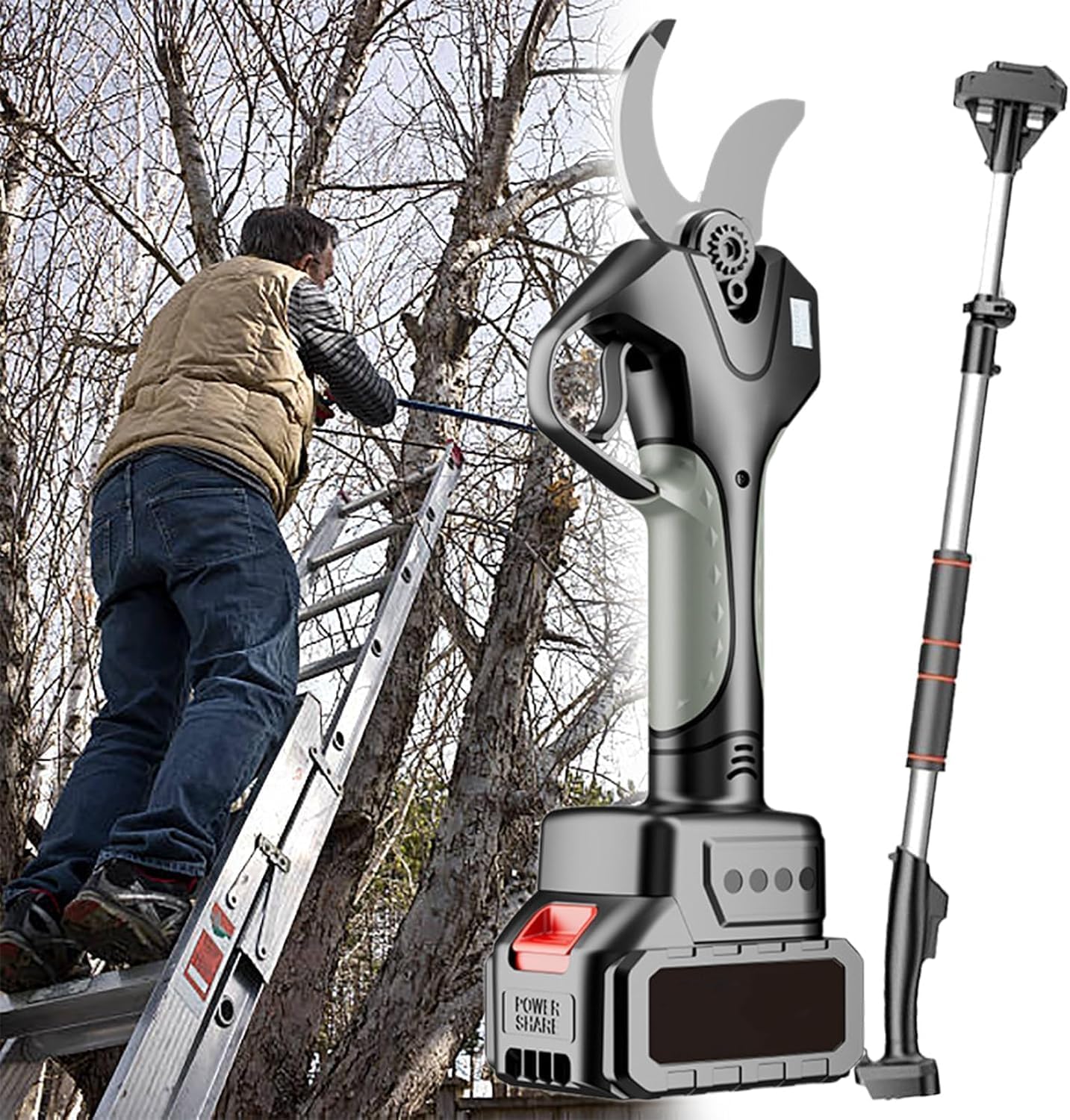 Rod Pruning Shear, Battery Powered Cordless Electric Pruning, Reach To 7.1-ft, Tree Pruner with 2 Rechargeable Battery, 3 Inch Cutting Diameter