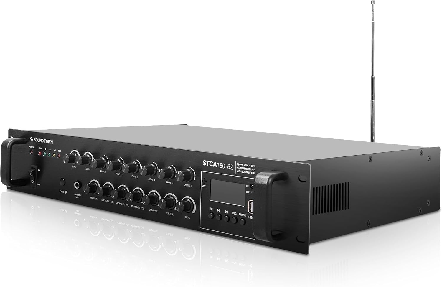 Sound Town 180W 6-Zone 70V/100V Commercial Power Amplifier with Bluetooth, Optical, Phantom Power, for Restaurants, Lounges, Bars, Pubs, Schools (STCA180-6Z)