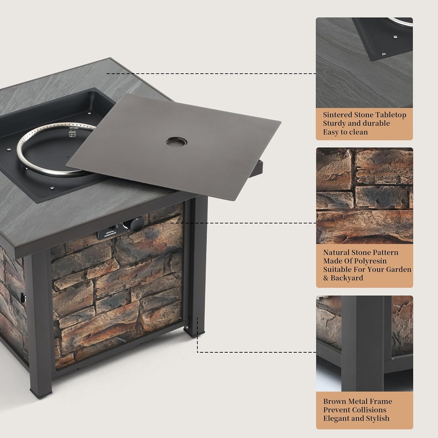 32'' Propane Fire Table for Outdoor, Sintered Stone Tabletop & Polyresin Natural Stone Base, 50000 BTU Gas Fire Pit Table for Outside Patio and Garden, with Lava Rock