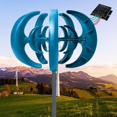 10000W Wind Turbine Generator 12V/24V, 5-Blade Vertical Wind Power Kit with 3-Phase AC Permanent Magnet Controller for Home & Street Lighting, Blue - Efficient Renewable Energy Solution