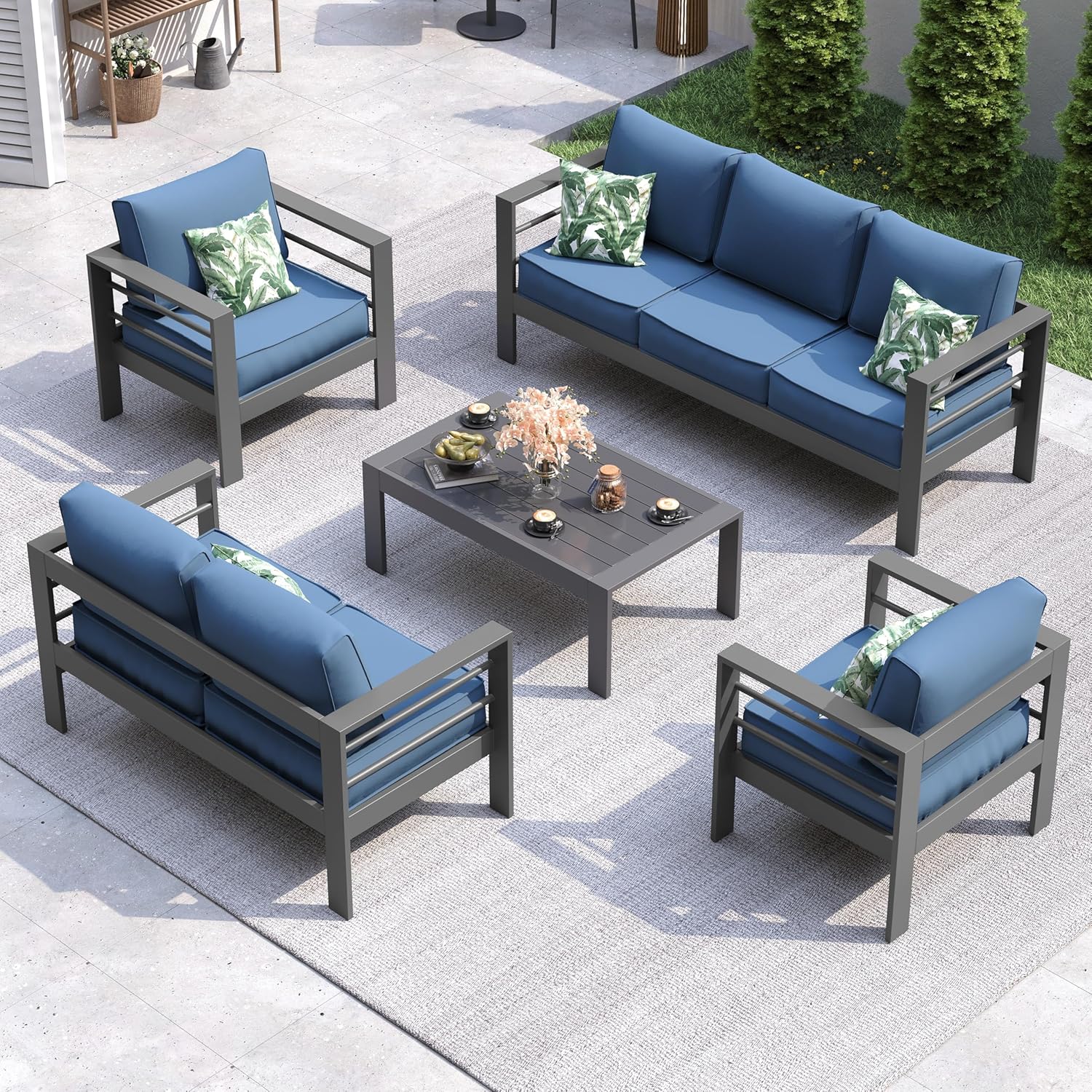 UDPATIO 8 Piece Aluminum Patio Furniture Set, Oversized Modern Outdoor Furniture Set with Olefin Fabric Cushion for Patio Deck Backyard, Dark Grey/Navy(with Waterproof Covers)