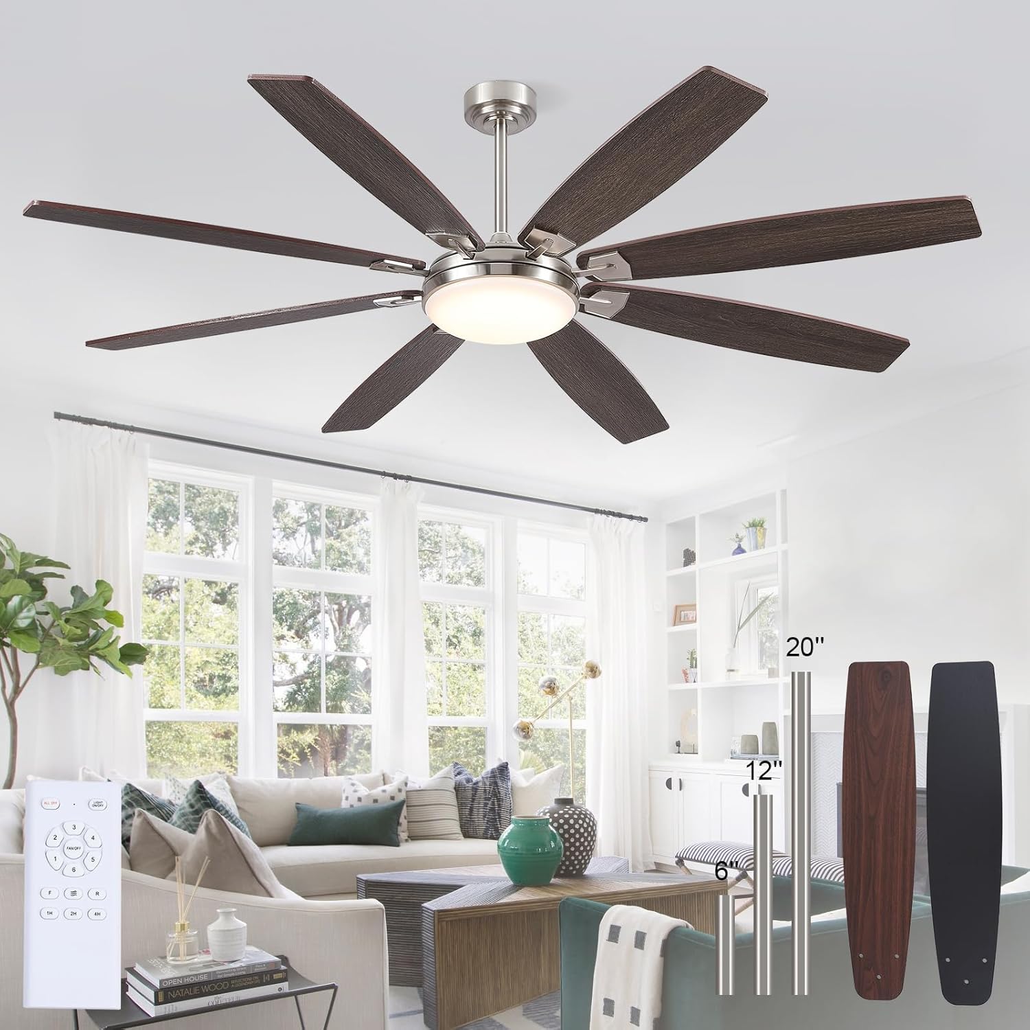 72 Inch Large Ceiling Fans with Lights and Remote, Outdoor Ceiling Fan with Lights for Patio, Industrial Commercial Ceiling Fan with 6-Speed Reversible DC Motor, 3 CCT,Sand Nickel