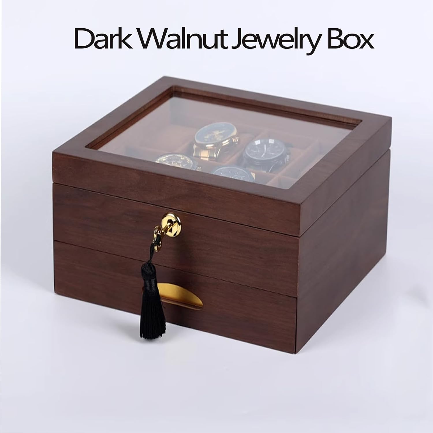Double-Layer Wooden Jewelry Box with Glass Cover, Drawer-Style Jewelry Storage Box for Watches, Rings, Bracelets and Other Accessories, Gifts for Loved Ones,Brown,Black Walnut Color