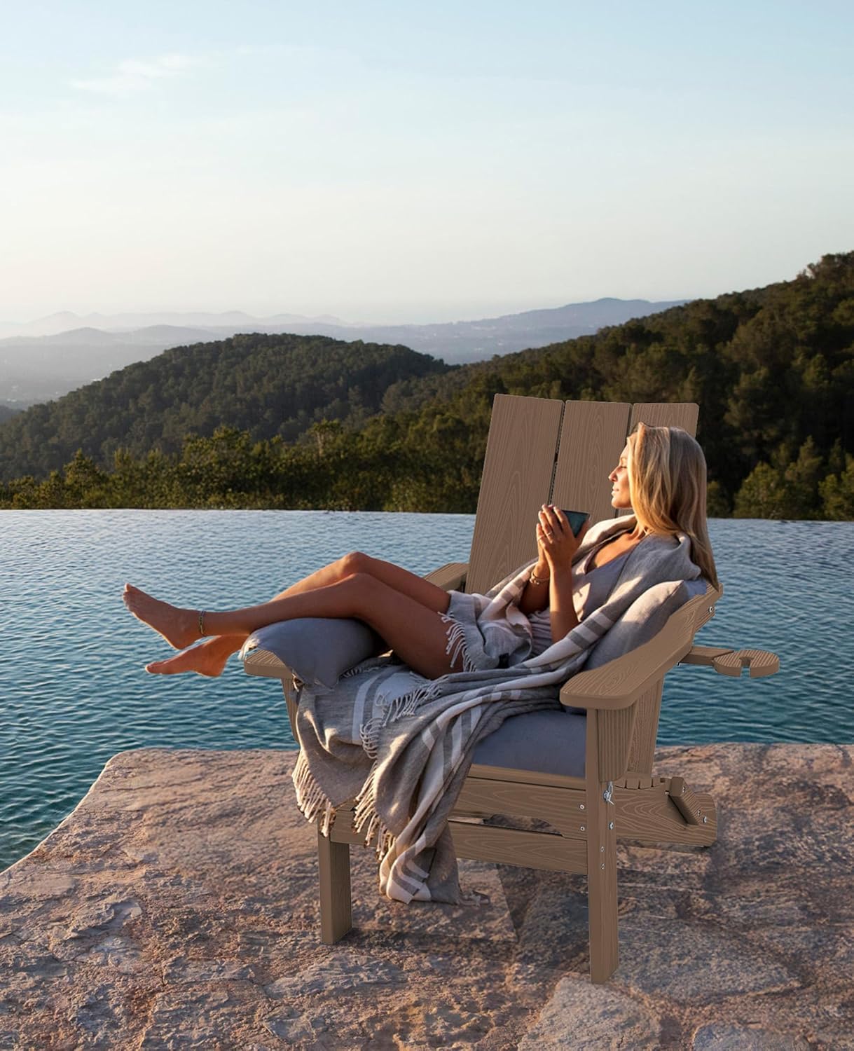 SERWALL Modern Adirondack Chair, Folding Adirondack Chair with Cup Holders, Outdoor HDPE Fire Pit Chair for All Weather Use, Brown