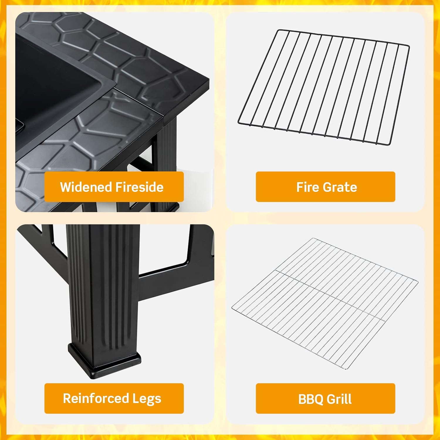 Tangkula 3 in 1 Outdoor Fire Pit, 32 Inch Square Steel Fireplace with Spark Screen, Log Grate, BBQ Grill, Poker, Rain Cover, Wood Burning Fire Pit Stove for Camping, Outdoor Heating, Bonfire