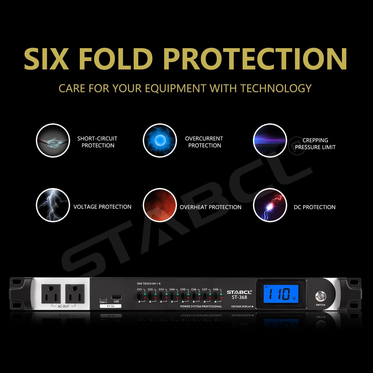 Professional 10 Socket Power Conditioner/Surge Sequencer with USB and Type-C Charger.3300W Rack Mount Audio Power Supply Controller, Surge Protector, for Audio product, electronic equipment